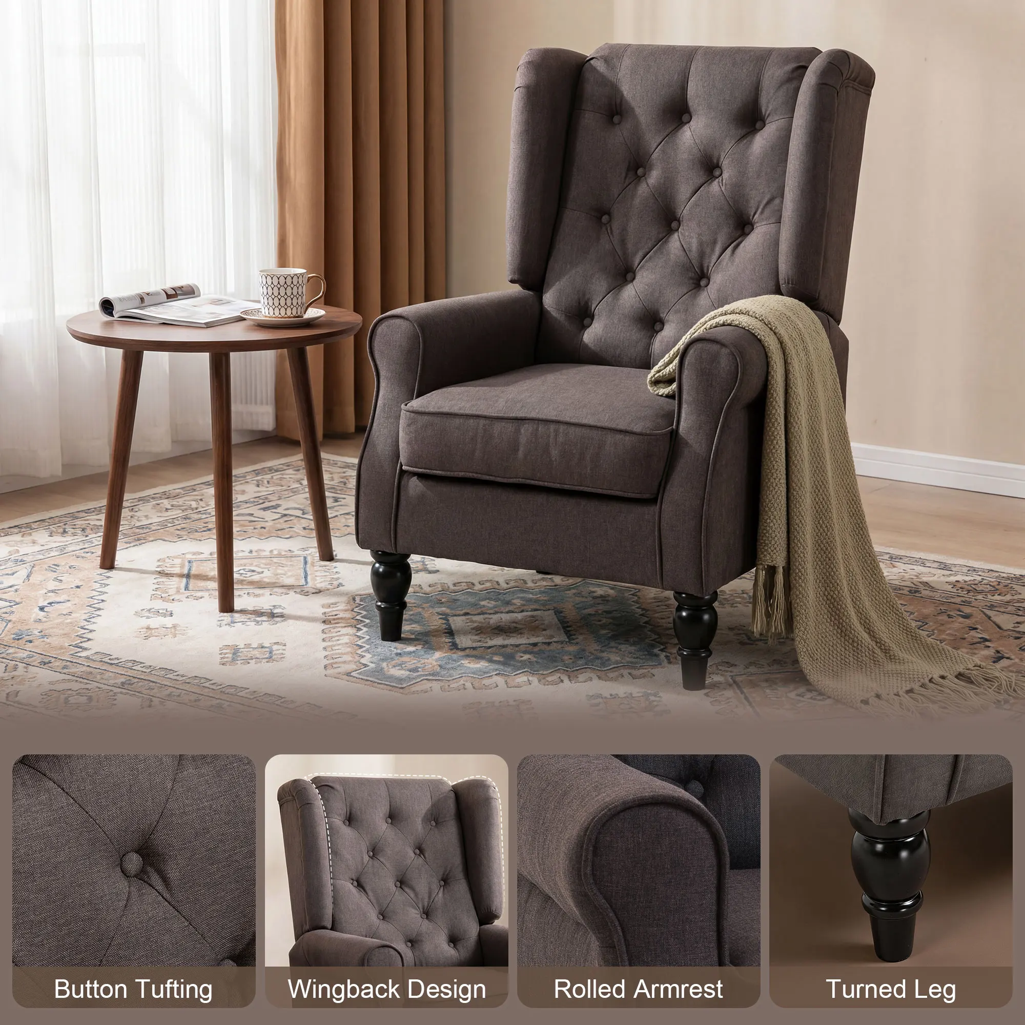 HOMCOM Accent Armchair Home Furniture Retro Tufted Club Wood Fabric