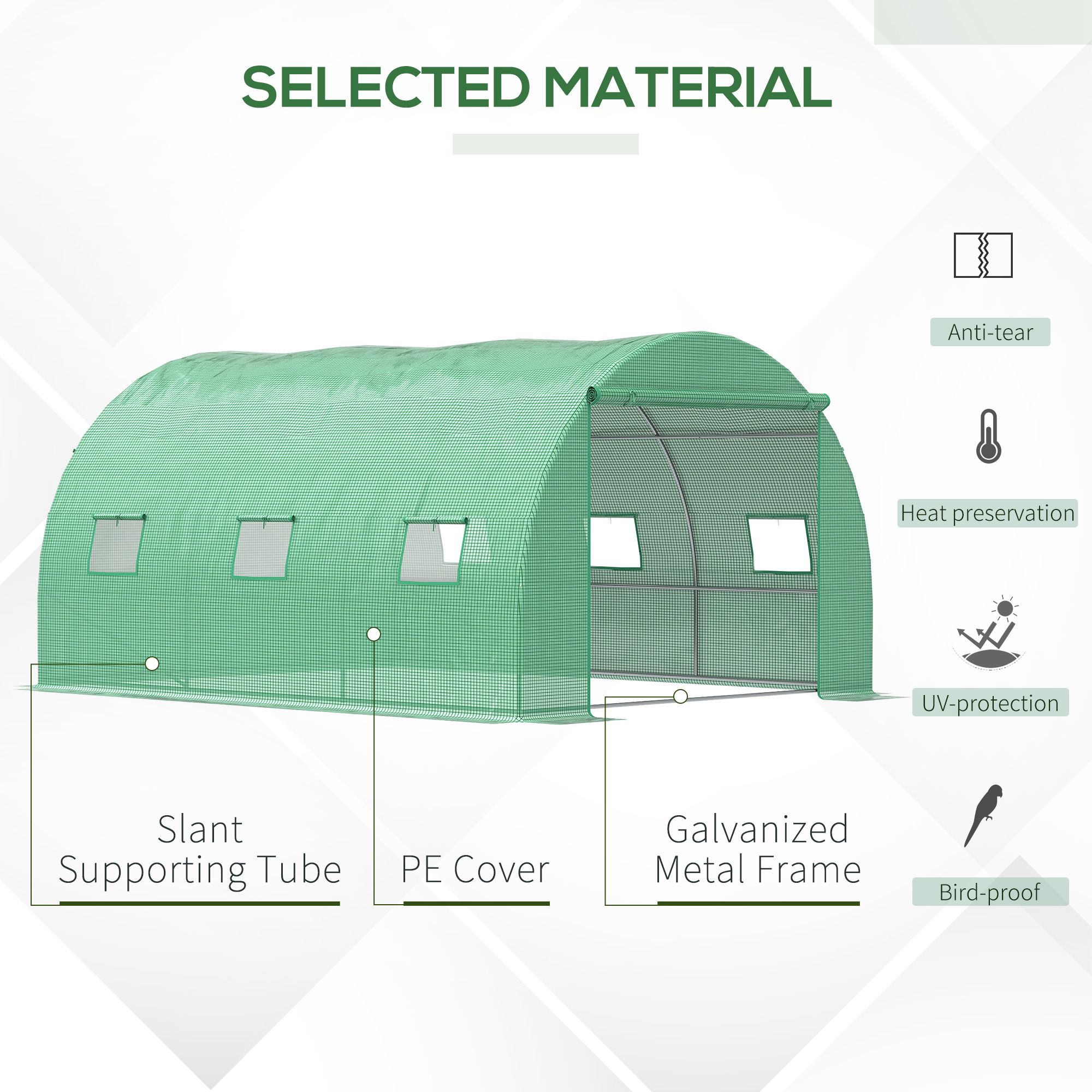 Walk-In Tunnel Greenhouse W/ Pe Cover, Zipper Door & Roll up Window, Green
