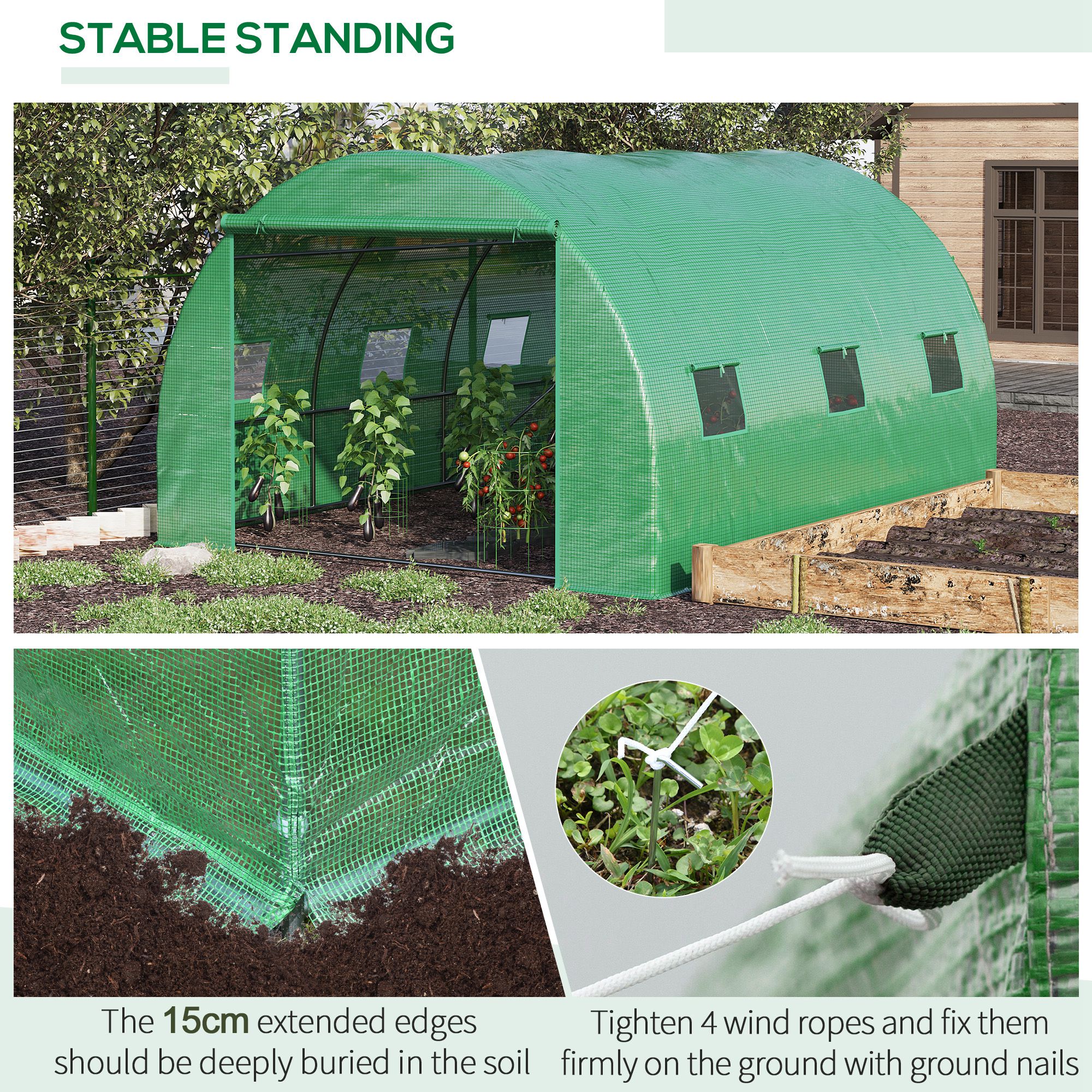 Walk-In Tunnel Greenhouse W/ Pe Cover, Zipper Door & Roll up Window, Green