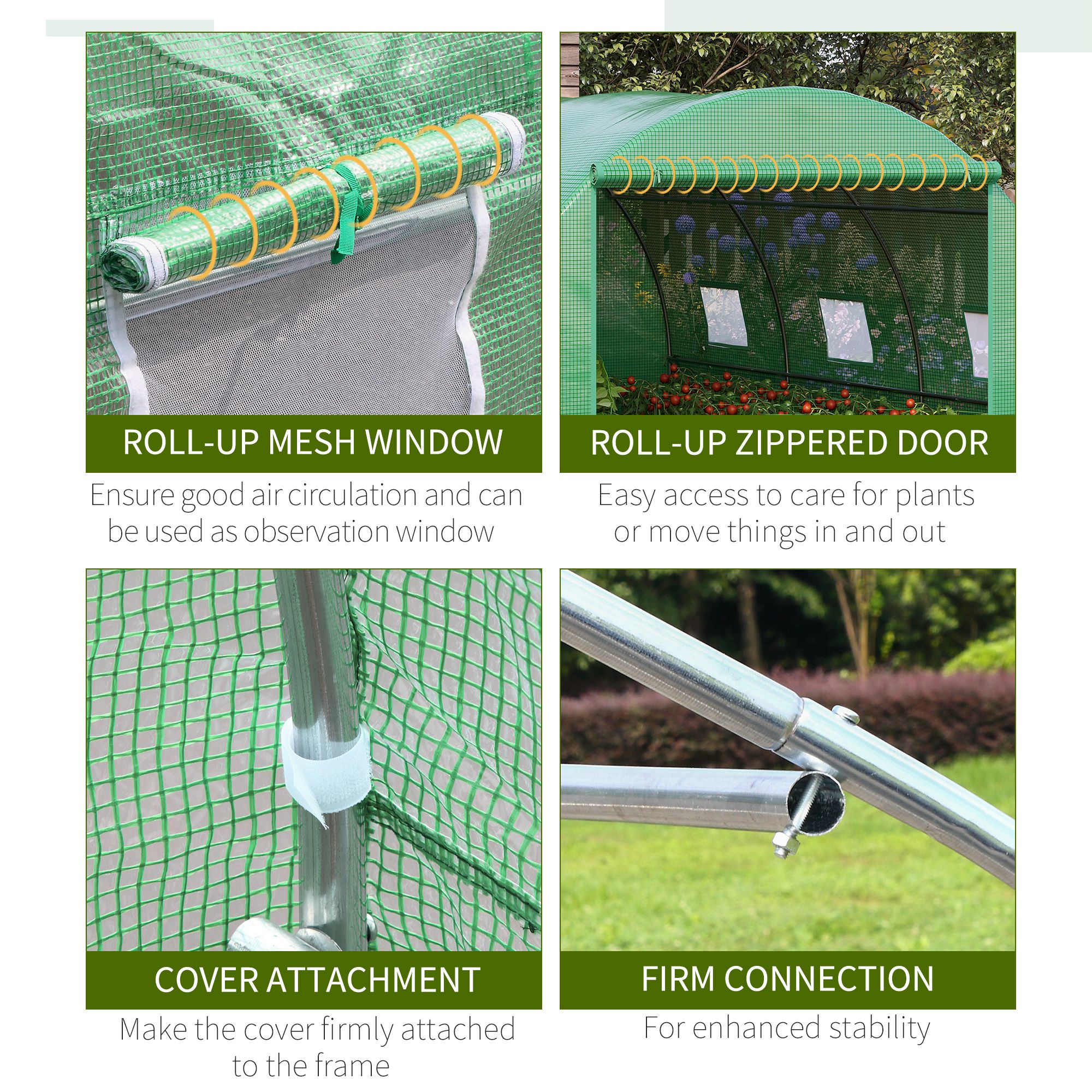 Walk-In Tunnel Greenhouse W/ Pe Cover, Zipper Door & Roll up Window, Green