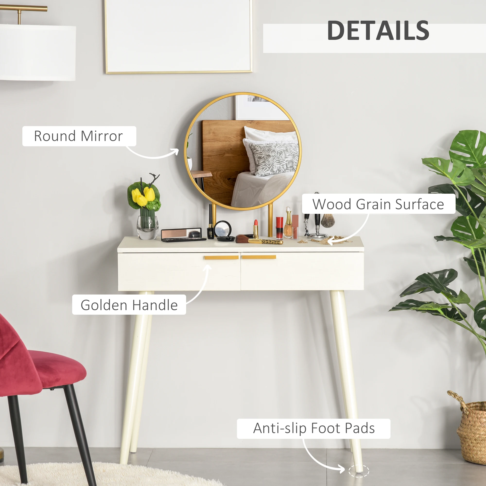 HOMCOM Modern Dressing Table w/ 2 Drawers Round Mirror for Bedroom White