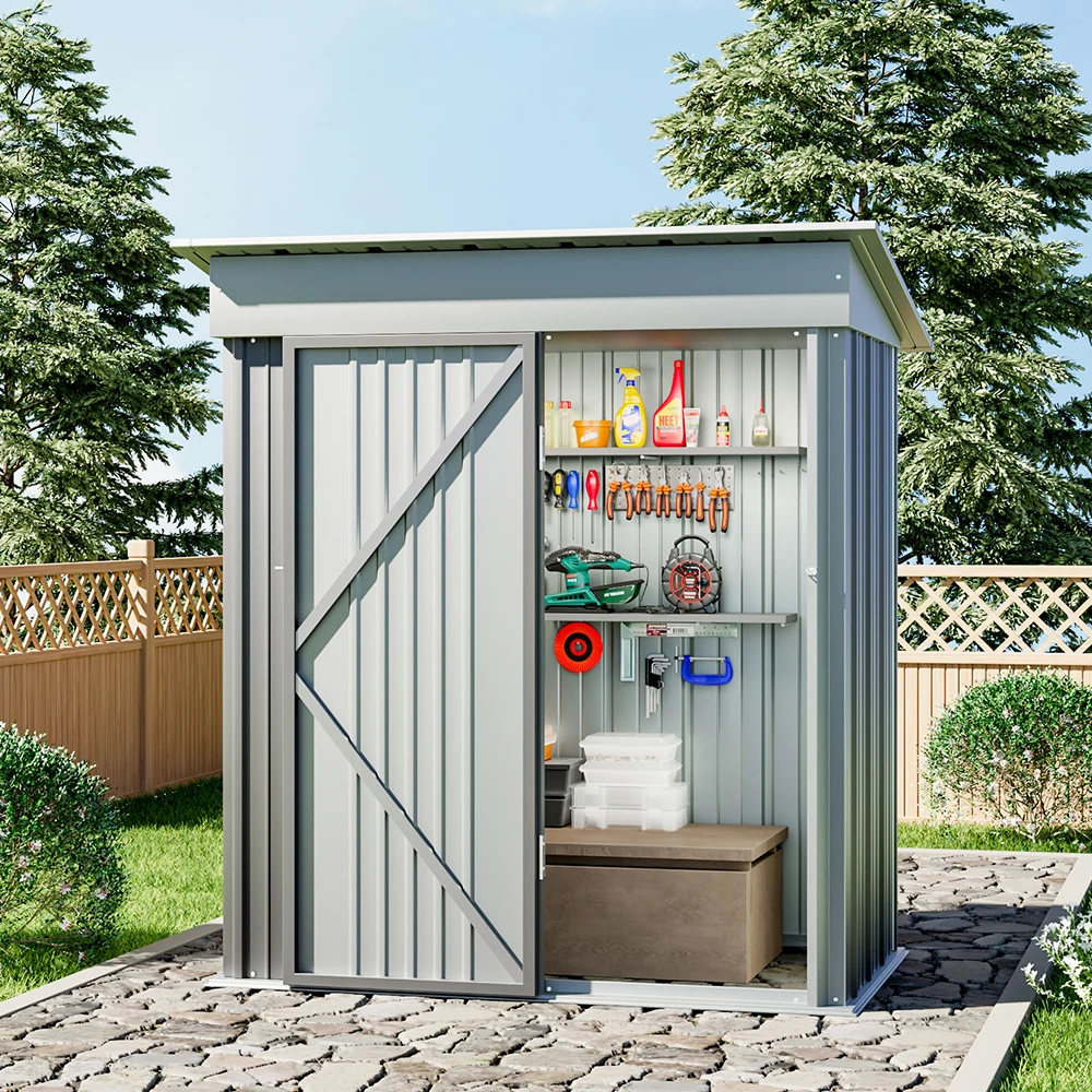 【Breeins】3 X 5 FT Outdoor Metal Storage Shed with Floor Frame Base, Galvanized Steel Garden Shed with 4 Ventilation Openings
