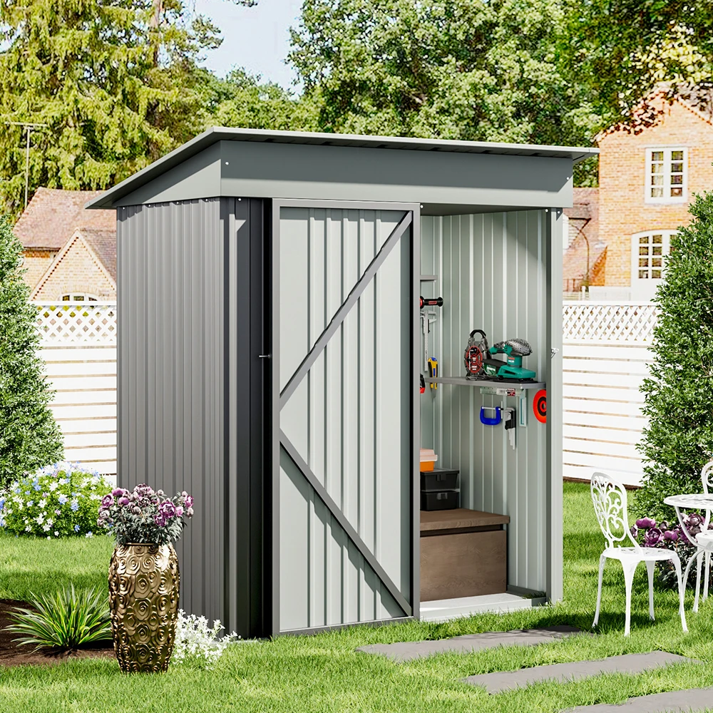 【Breeins】3 X 5 FT Outdoor Metal Storage Shed with Floor Frame Base, Galvanized Steel Garden Shed with 4 Ventilation Openings