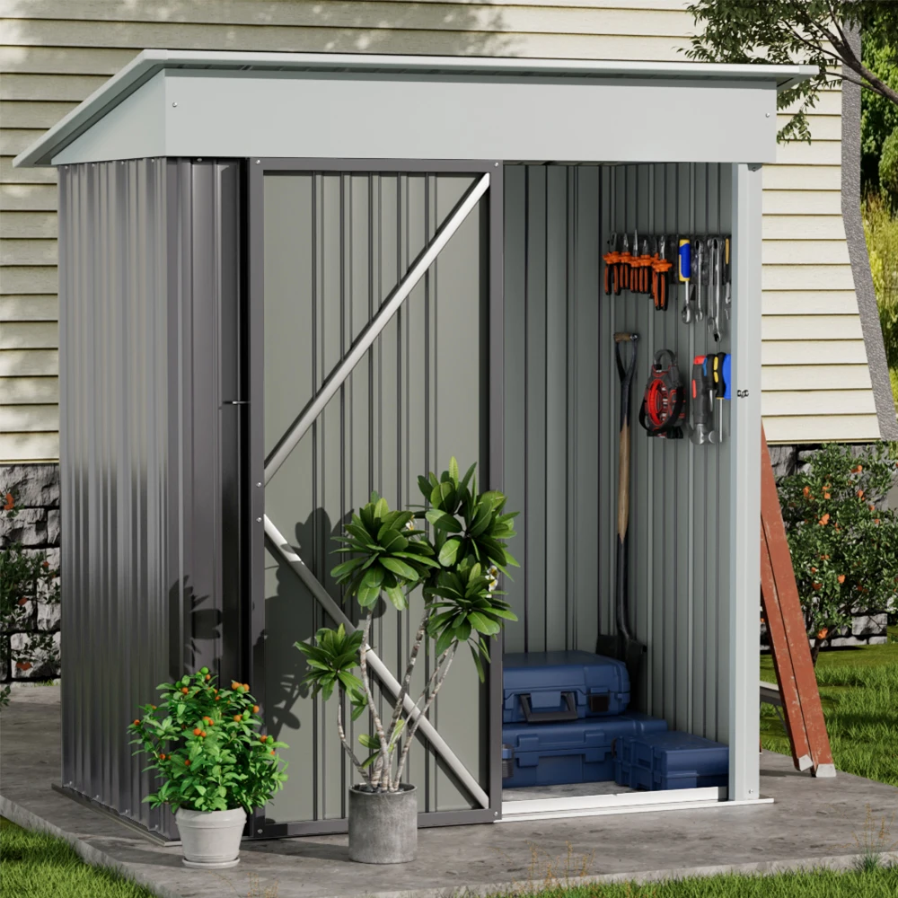 【Breeins】3 X 5 FT Outdoor Metal Storage Shed with Floor Frame Base, Galvanized Steel Garden Shed with 4 Ventilation Openings