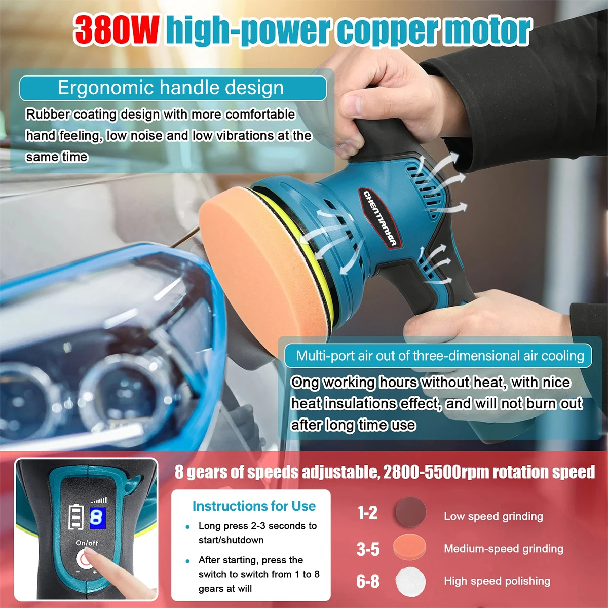 1/2 Battery Cordless Car Polisher Buffer 21V Sander 8 Speed Polishing Machine