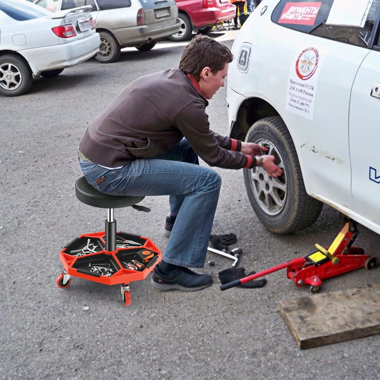 Garage Workshop Creeper Seat with Padded Seat and Tool Tray