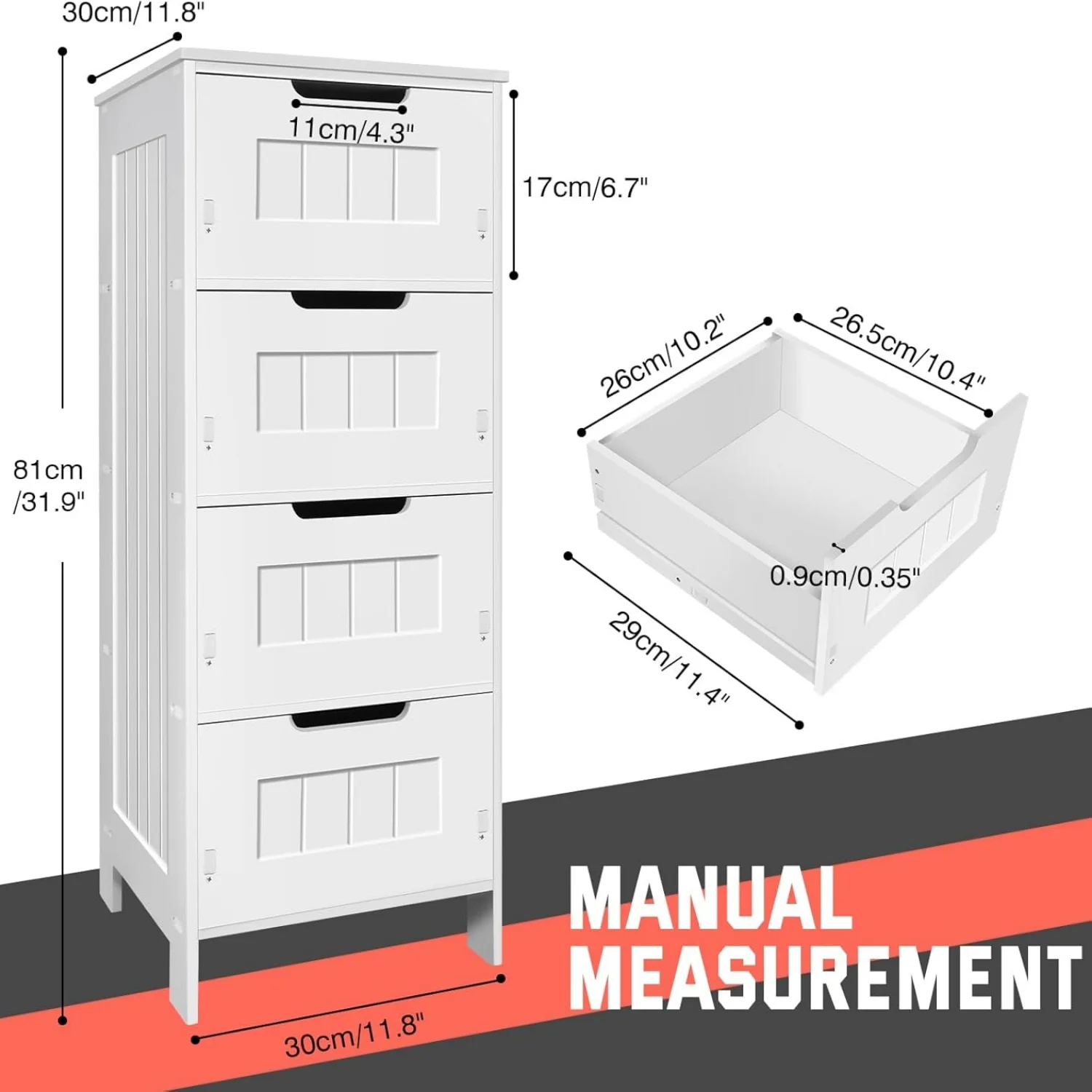 BRIEFNESS Bathroom Cabinet Bathroom Storage Cabinet PVC Freestanding Chest of Drawers with 4 Drawers Floor Vertical Cabinet
