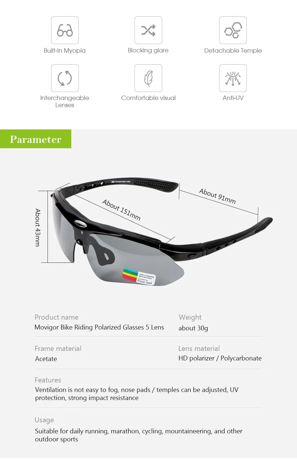 MOVIGOR 5 Lens Polarized Cycling Glasses Sports Men Sunglasses Road Bicycle Goggles Mountain Bike Riding Protection Eyewear set