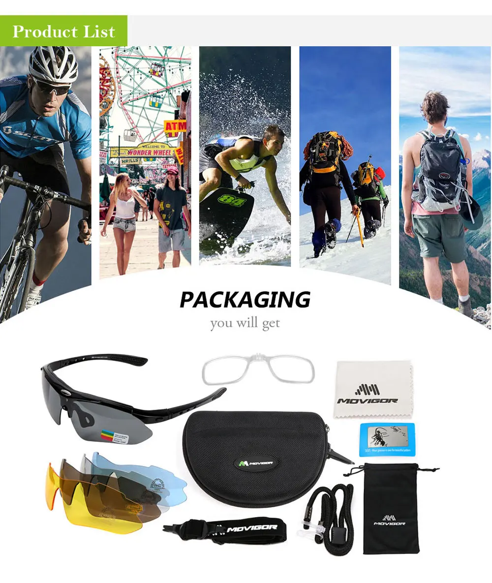 MOVIGOR 5 Lens Polarized Cycling Glasses Sports Men Sunglasses Road Bicycle Goggles Mountain Bike Riding Protection Eyewear set