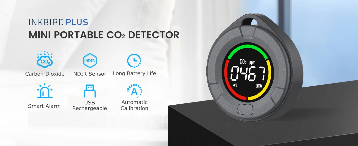 INKBIRD Portable CO2 Detector, Mini Indoor CO2 Monitor, NDIR Sensor with Full Color LCD Auto Calibration, for Home Office Travel