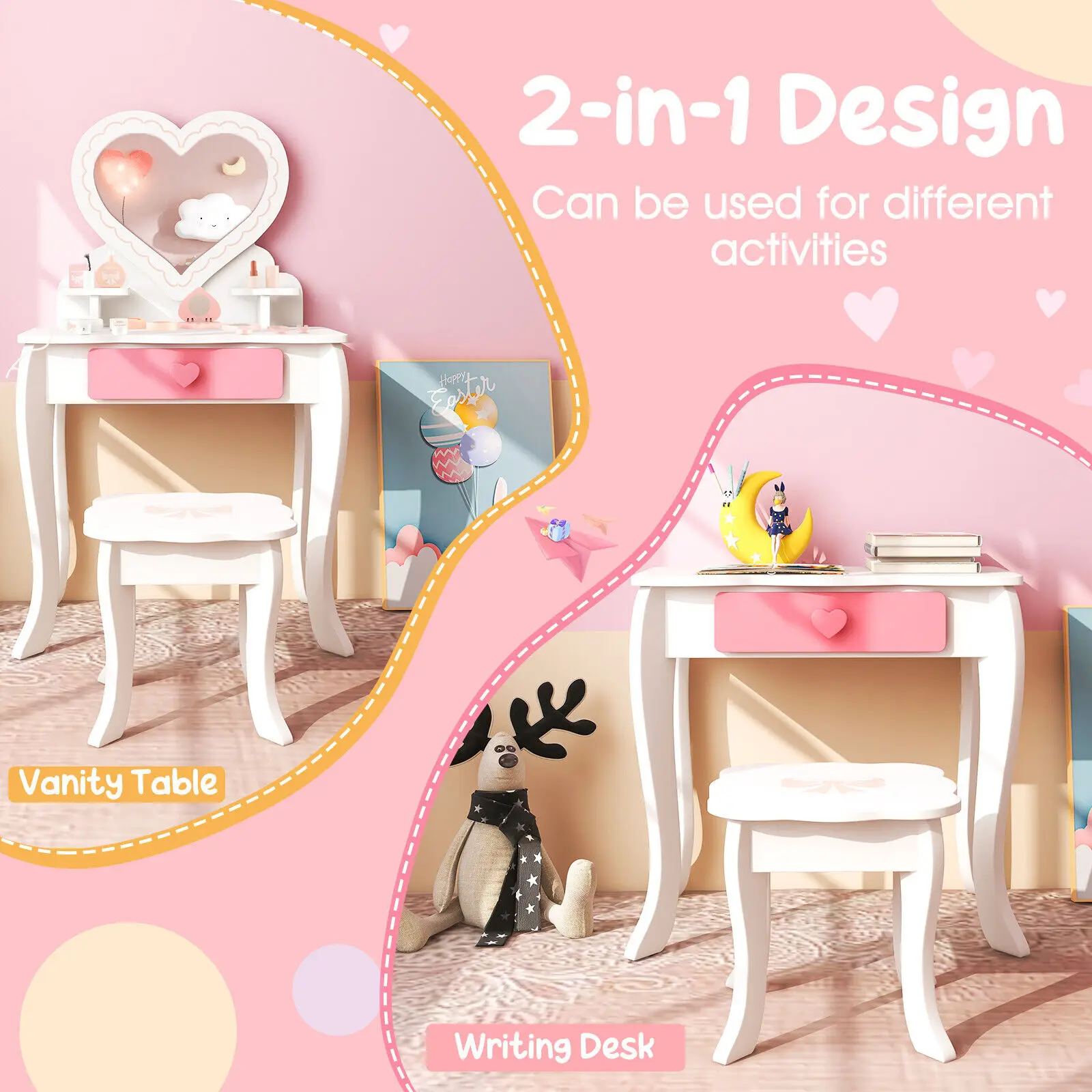 GOFLAME 2-in-1 Kids Vanity Set Pretend Makeup Table & Chair Set w/ Heart-shaped Mirror