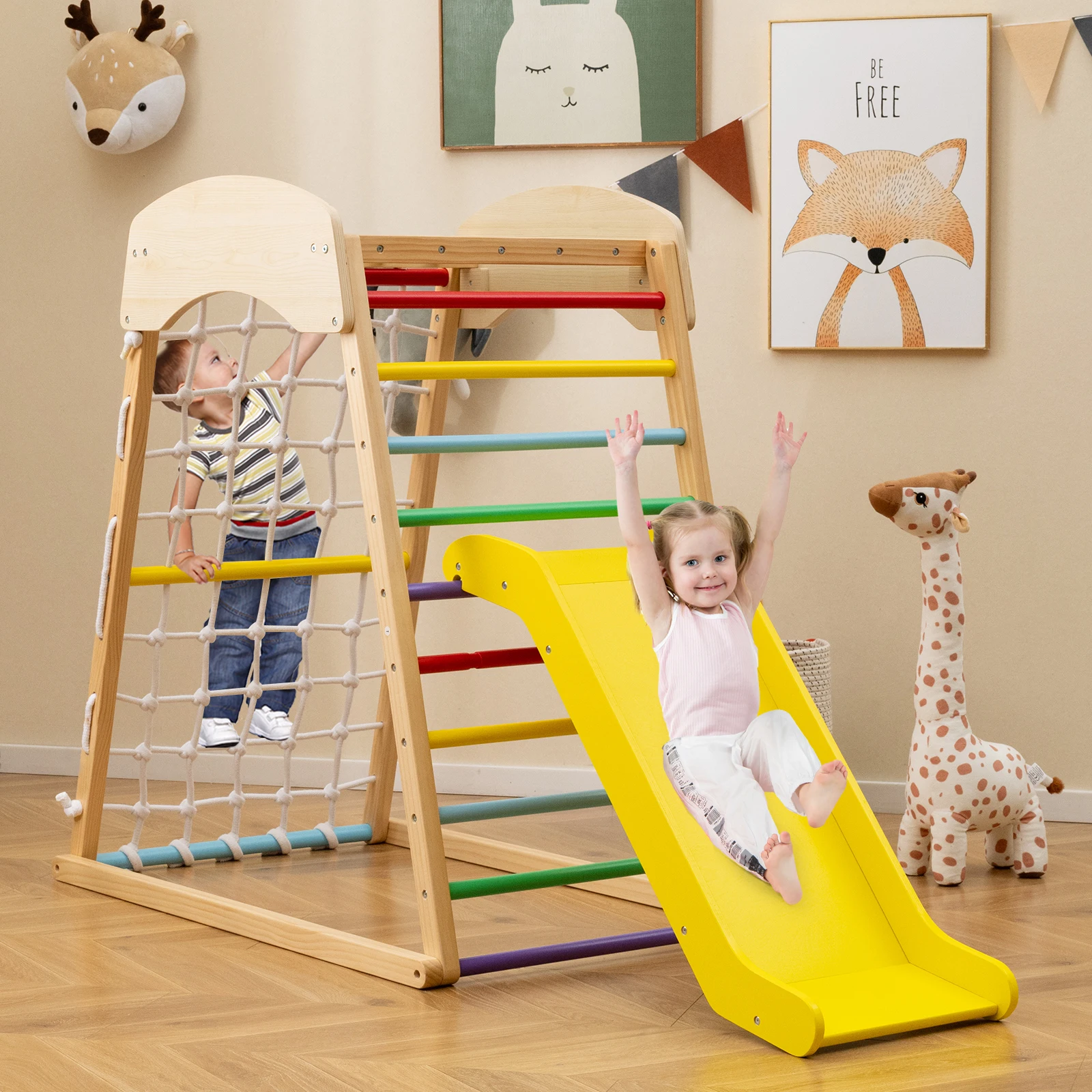 DORTALA 4-in-1 Jungle Gym Wooden Indoor Toddler Playground w/Slide-Colorful