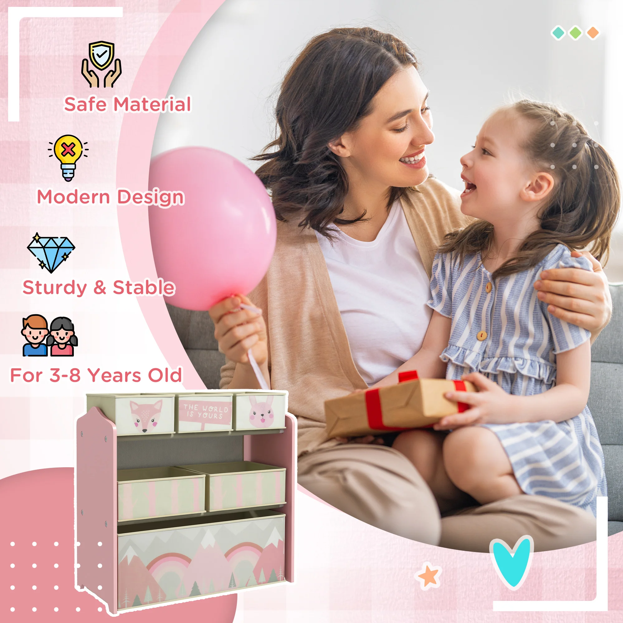 ZONEKIZ Kids Storage Unit, Childrens Toy Storage Organiser, with 6 Fabric Bins, for Bedroom, Nursery, 63 x 30 x 66cm