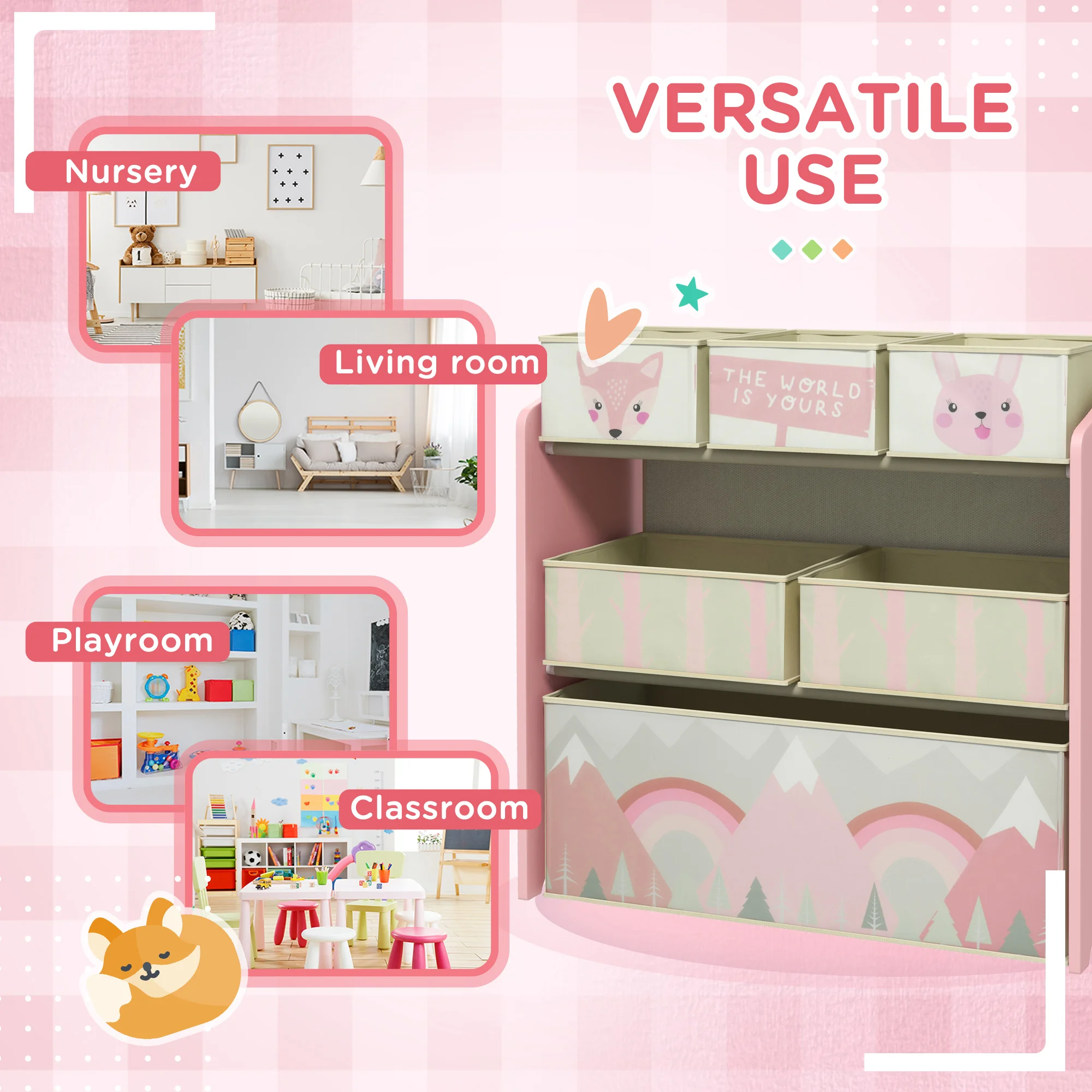 ZONEKIZ Kids Storage Unit, Childrens Toy Storage Organiser, with 6 Fabric Bins, for Bedroom, Nursery, 63 x 30 x 66cm
