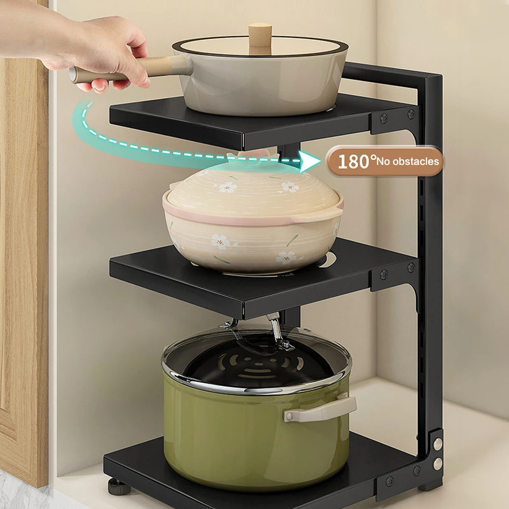 Multi-Tier Height-Adjustable Kitchen Pan Organizer Rack 180-degree Open Access