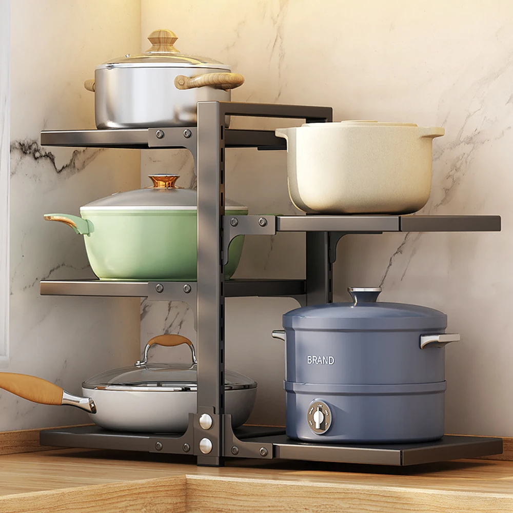 Multi-Tier Height-Adjustable Kitchen Pan Organizer Rack 180-degree Open Access