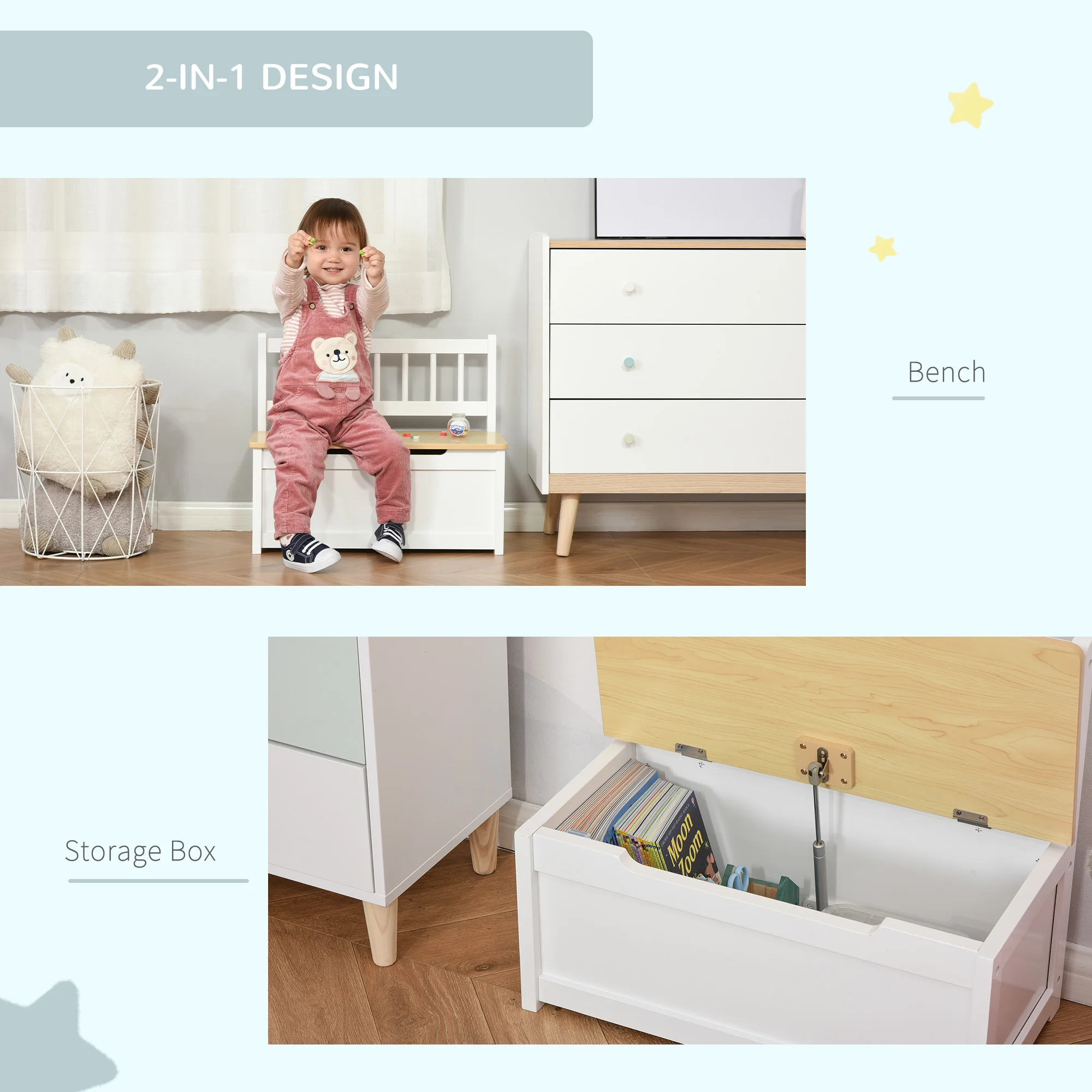 HOMCOM 2 In 1 Wooden Toy Box Kids Seat Bench Organiser 60 x 30 x 50cm White
