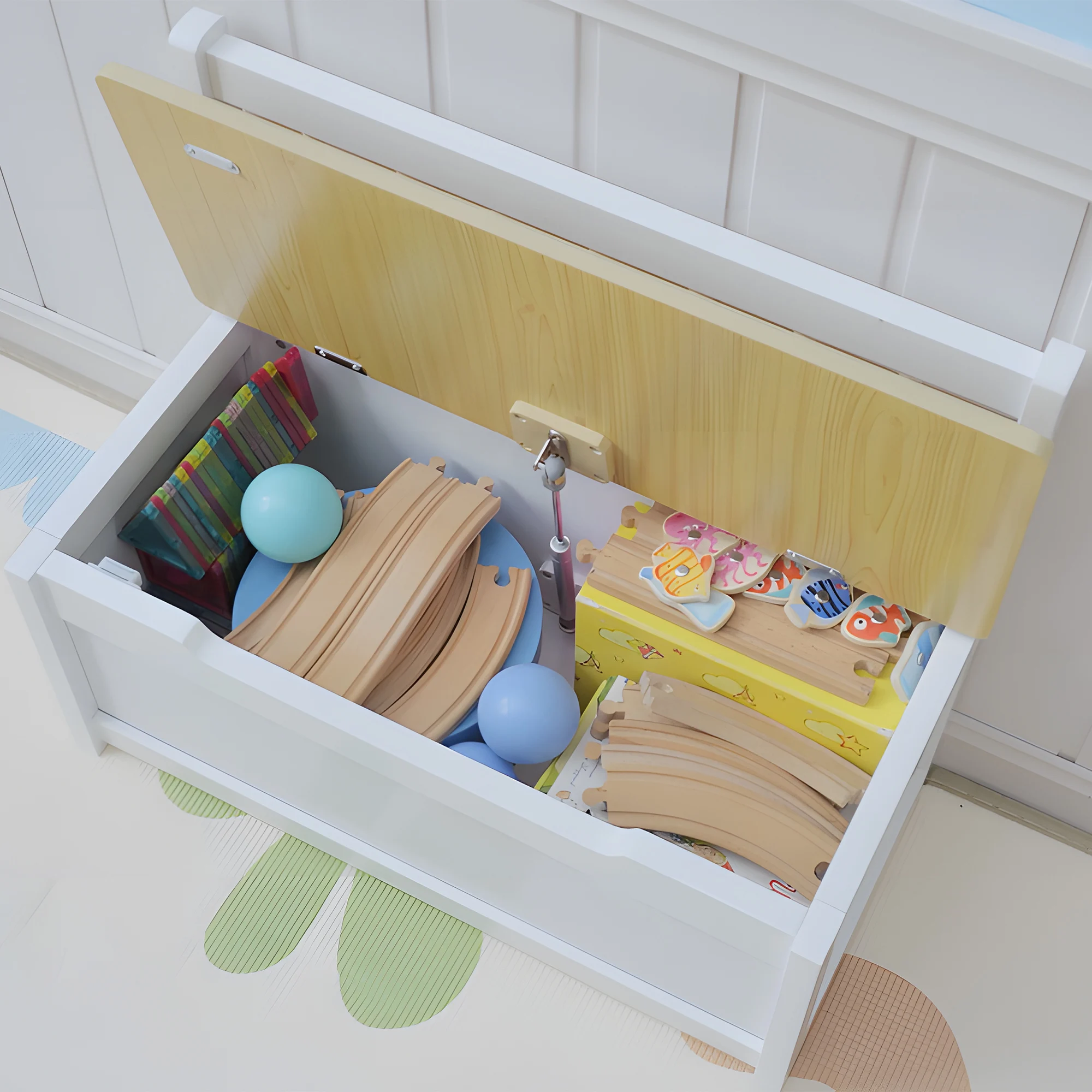 HOMCOM 2 In 1 Wooden Toy Box Kids Seat Bench Organiser 60 x 30 x 50cm White