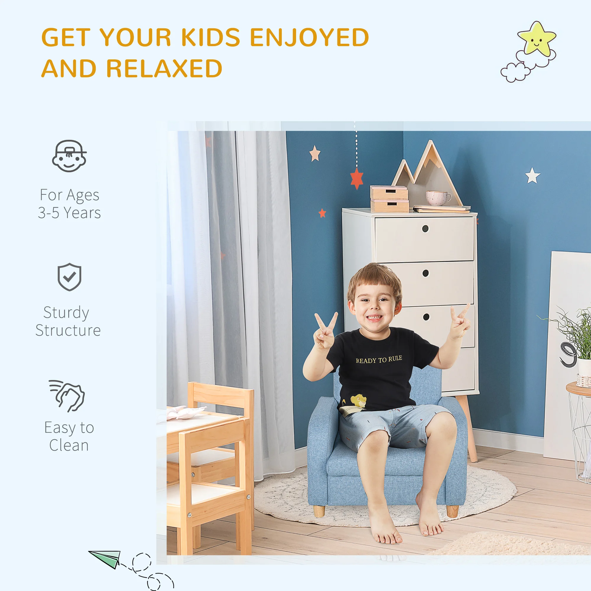 HOMCOM Children's Armchairs Toddler Chair Wood Frame Anti-Slip Legs High Back Bedroom Playroom Furniture