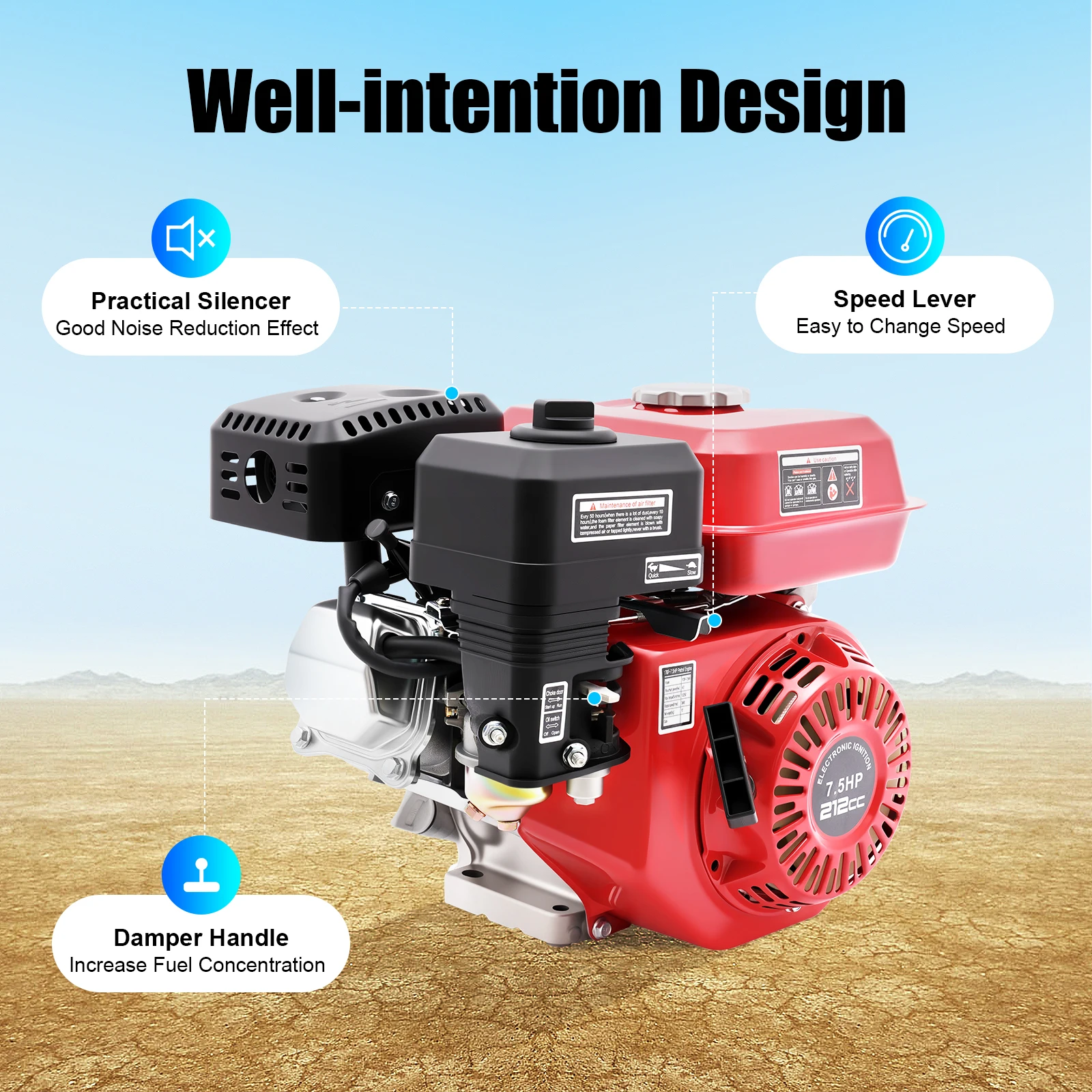 212cc 4-Stroke Engine 7.5HP Air Cooled Single Cylinder Pull Start Petrol Engine for Water Pumps