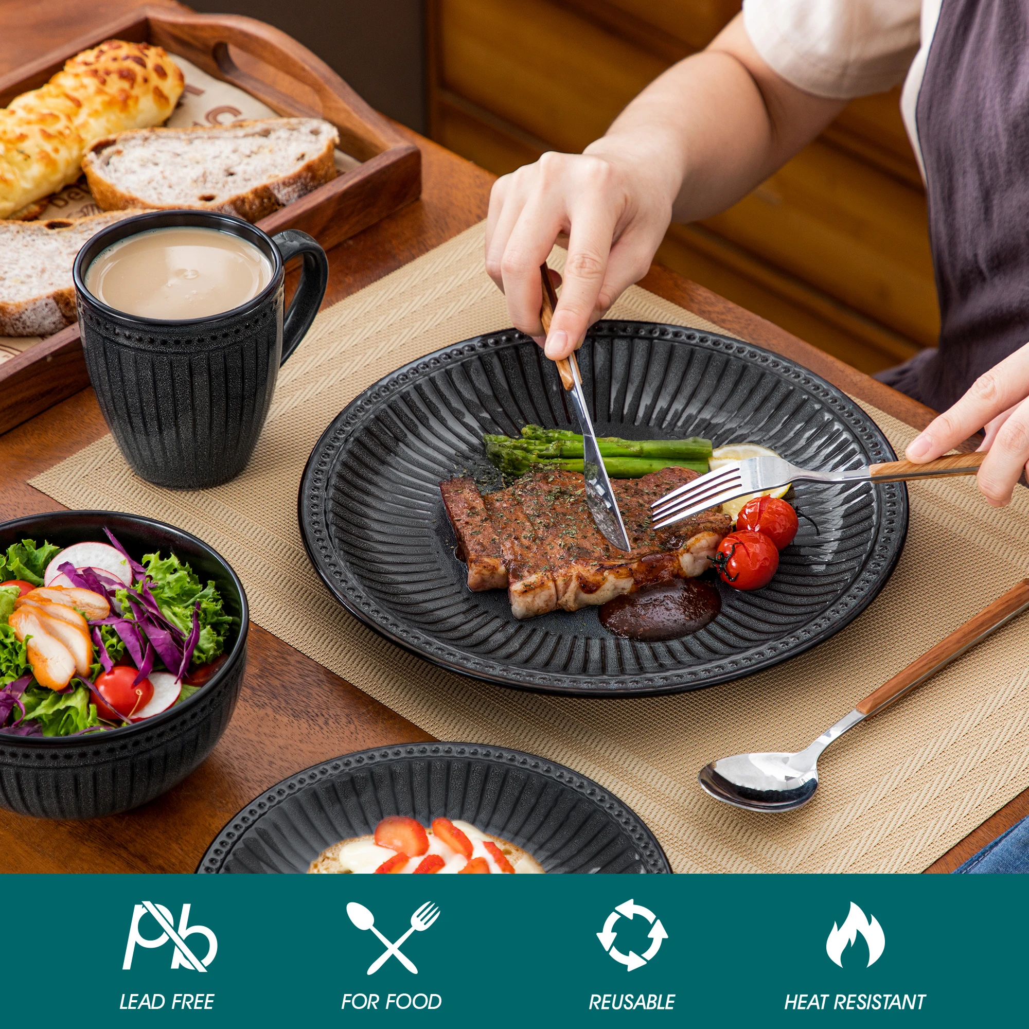vancasso 16/32 Piece Relief Ceramic Plates Set Black Elegent Tableware set with 4/8 PCS Dinner Plate/Dessert/Cereal Bowl/Mug
