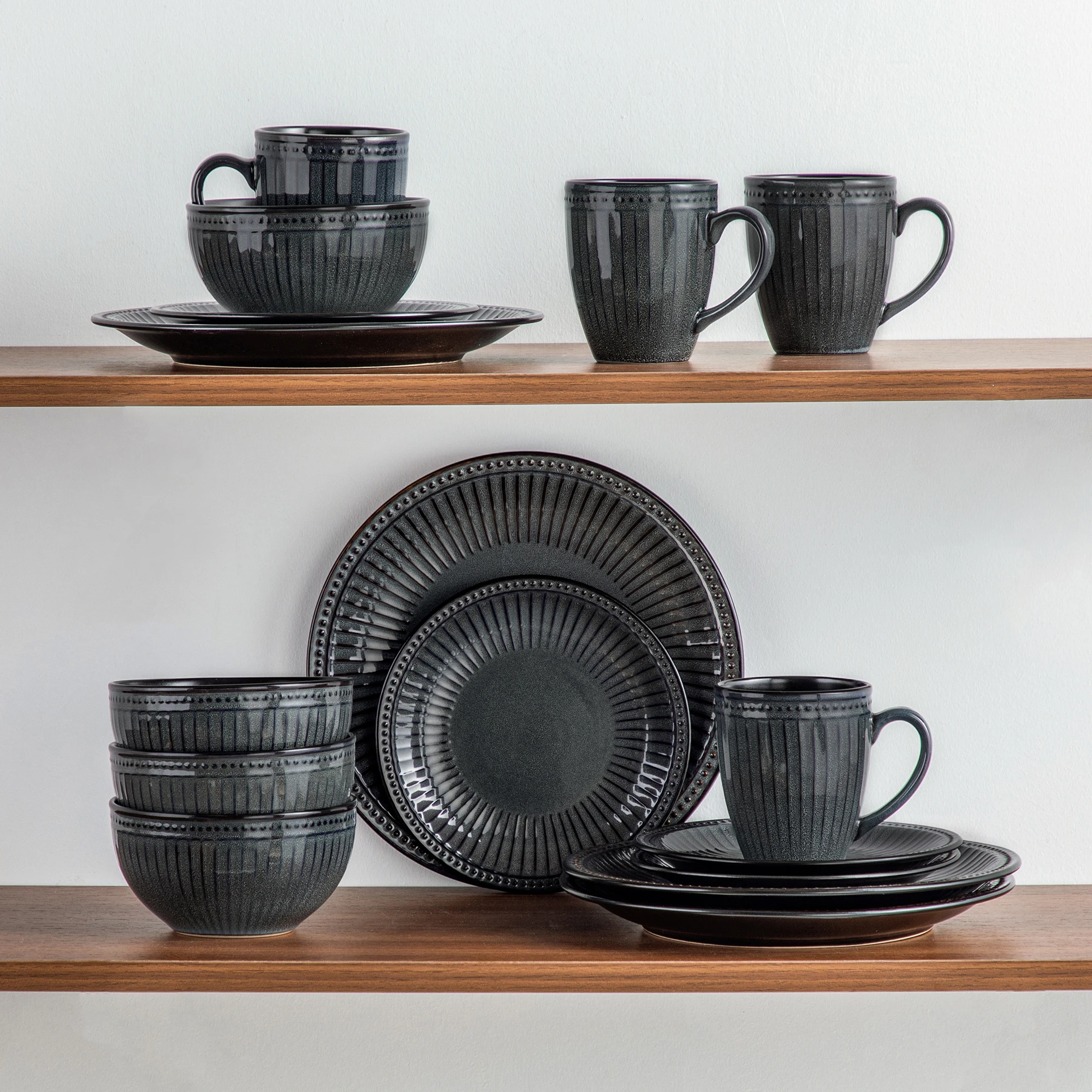 vancasso 16/32 Piece Relief Ceramic Plates Set Black Elegent Tableware set with 4/8 PCS Dinner Plate/Dessert/Cereal Bowl/Mug