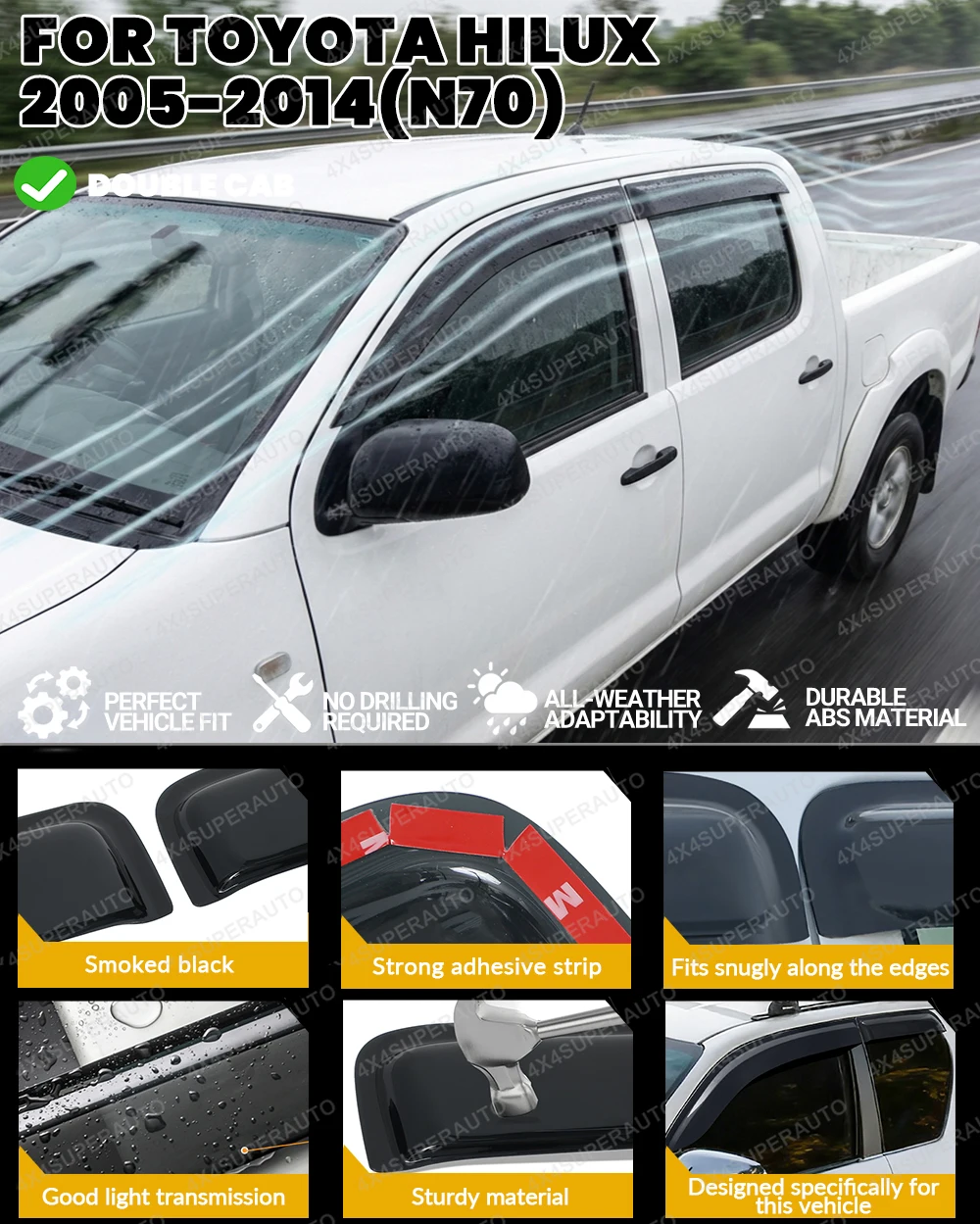 For Toyota Hilux N70 Weather Shiled Vigo 2005-2014 Window Deflectors Sun Rain Guard Double Cab Black Smoke 4PCS