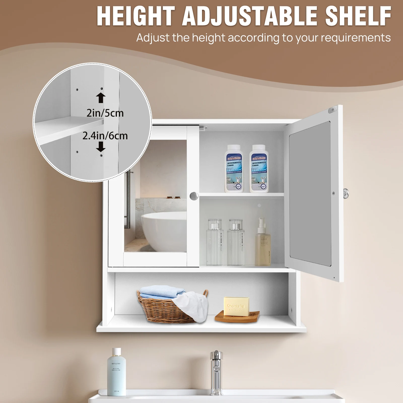 3 Tier Wall Cabinets with Mirror and Double Door, Waterproof Bathroom Cabinet for Kitchen, Storage Cupboard Unit, 56x13x58 cm