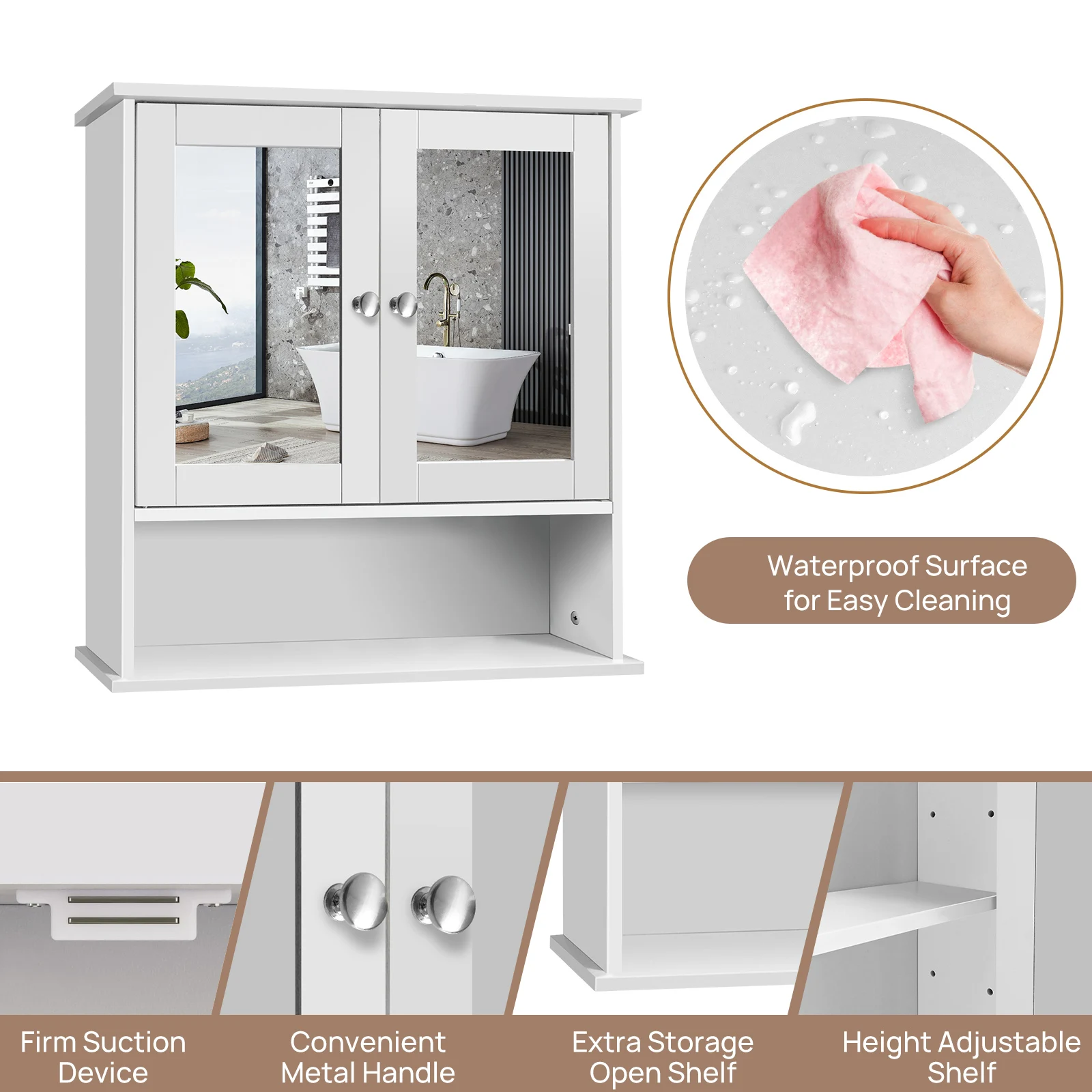 3 Tier Wall Cabinets with Mirror and Double Door, Waterproof Bathroom Cabinet for Kitchen, Storage Cupboard Unit, 56x13x58 cm