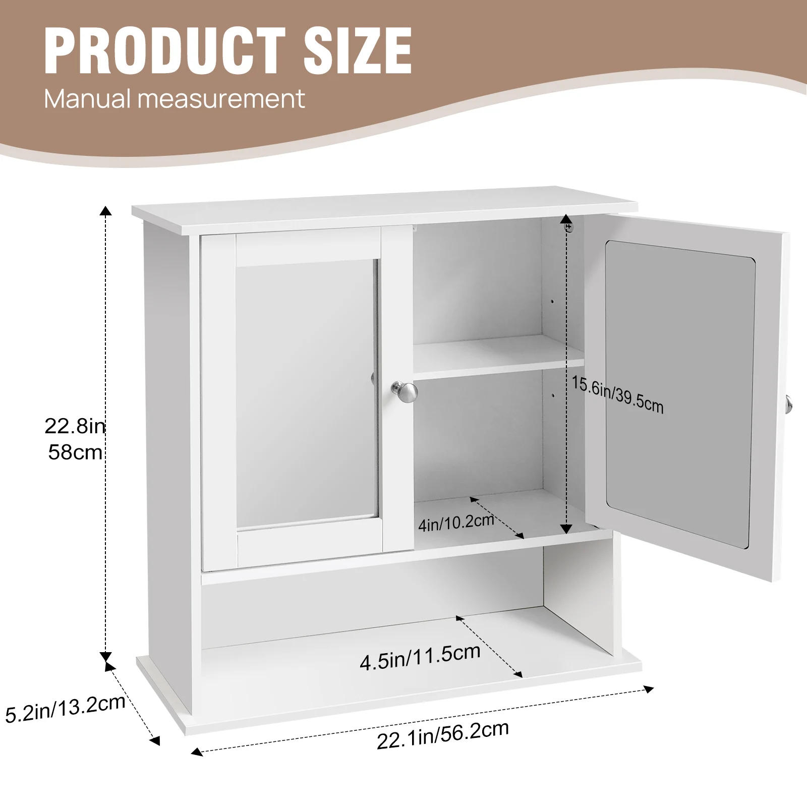 3 Tier Wall Cabinets with Mirror and Double Door, Waterproof Bathroom Cabinet for Kitchen, Storage Cupboard Unit, 56x13x58 cm