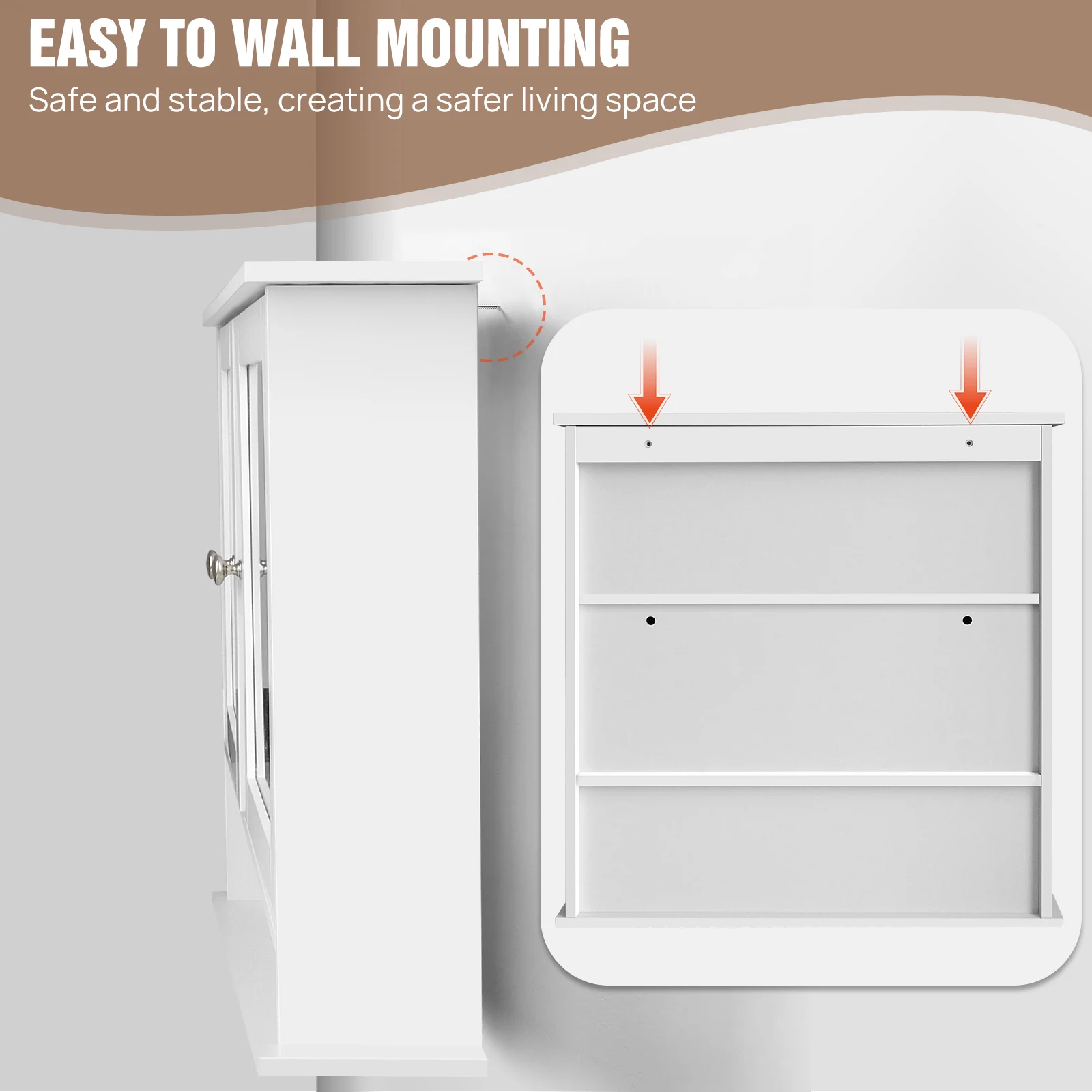 3 Tier Wall Cabinets with Mirror and Double Door, Waterproof Bathroom Cabinet for Kitchen, Storage Cupboard Unit, 56x13x58 cm