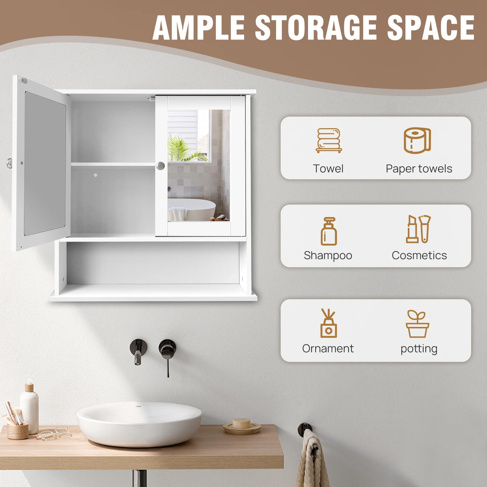 3 Tier Wall Cabinets with Mirror and Double Door, Waterproof Bathroom Cabinet for Kitchen, Storage Cupboard Unit, 56x13x58 cm