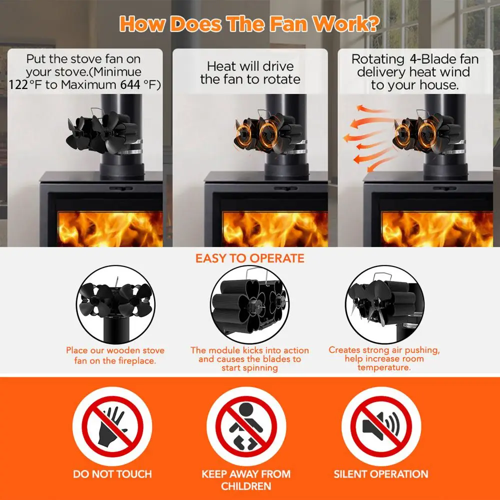 Fireplace Fan Heat Powered Silent Heat Activated Fan Wood Stove Blower Low Noise Wood Burner Fan Thermal Fan For Wood Burning