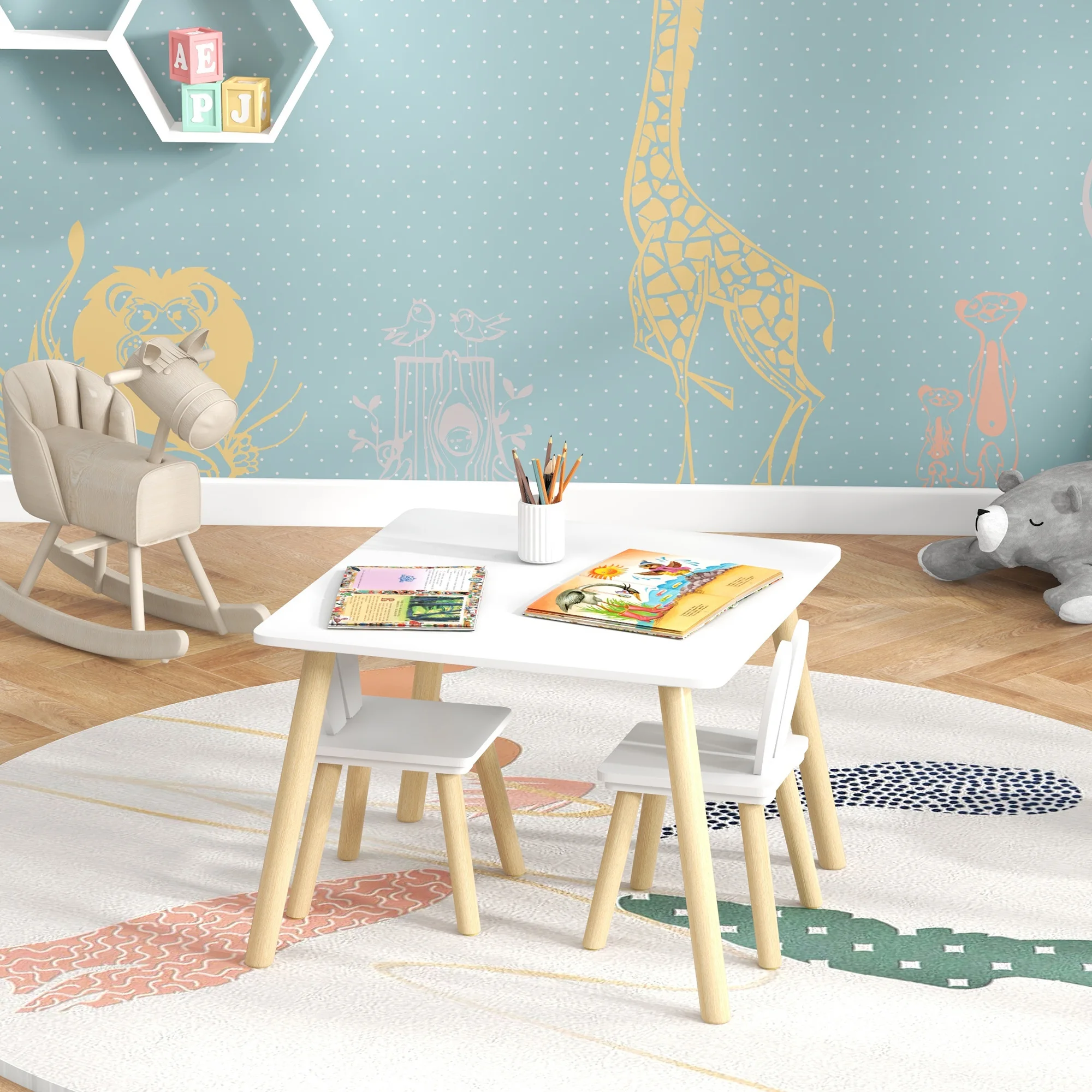 AIYAPLAY 3 Pieces Toddler Table and Chair Set, Kids Desk and 2 Chairs Set with Cute Bunny Ear Backrest, Wooden Legs - White