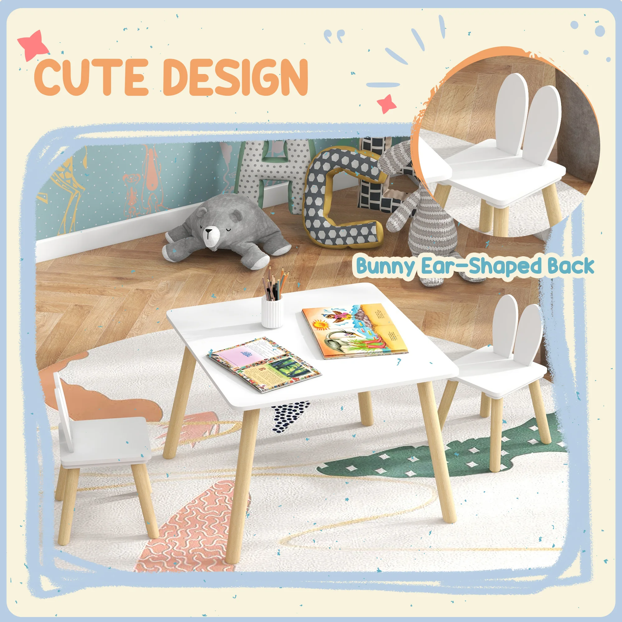AIYAPLAY 3 Pieces Toddler Table and Chair Set, Kids Desk and 2 Chairs Set with Cute Bunny Ear Backrest, Wooden Legs - White