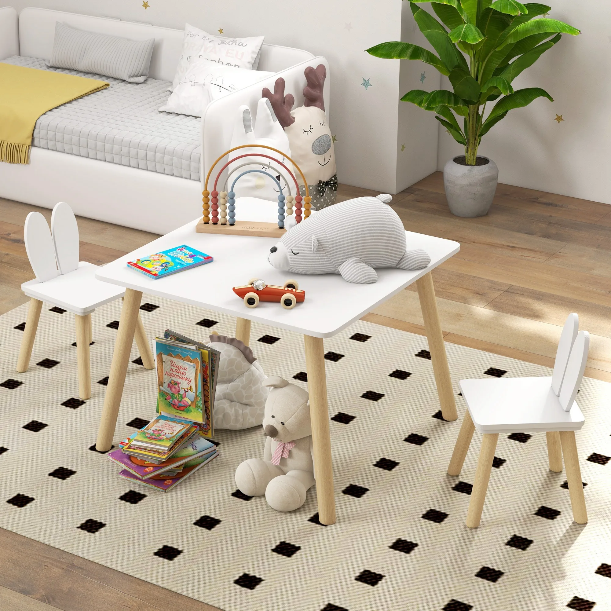 AIYAPLAY 3 Pieces Toddler Table and Chair Set, Kids Desk and 2 Chairs Set with Cute Bunny Ear Backrest, Wooden Legs - White