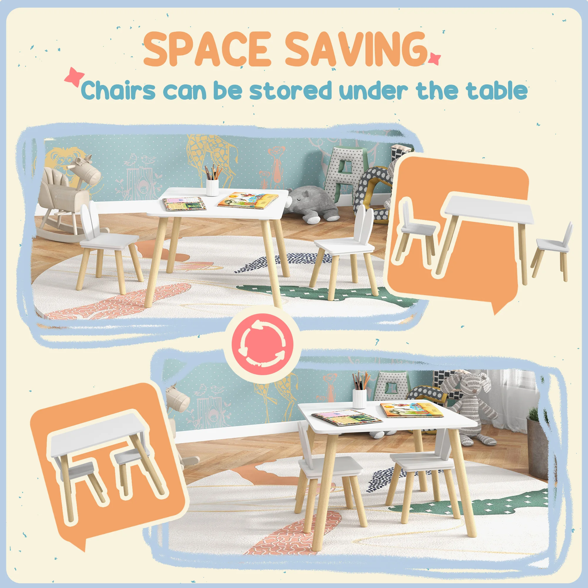 AIYAPLAY 3 Pieces Toddler Table and Chair Set, Kids Desk and 2 Chairs Set with Cute Bunny Ear Backrest, Wooden Legs - White