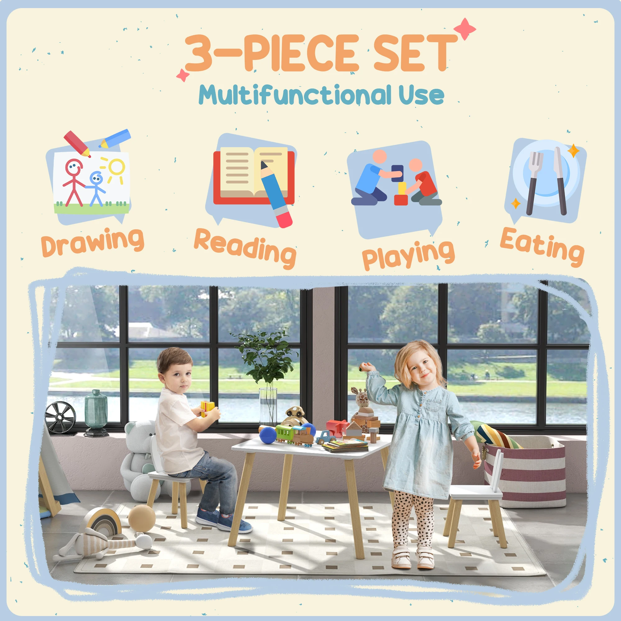 AIYAPLAY 3 Pieces Toddler Table and Chair Set, Kids Desk and 2 Chairs Set with Cute Bunny Ear Backrest, Wooden Legs - White