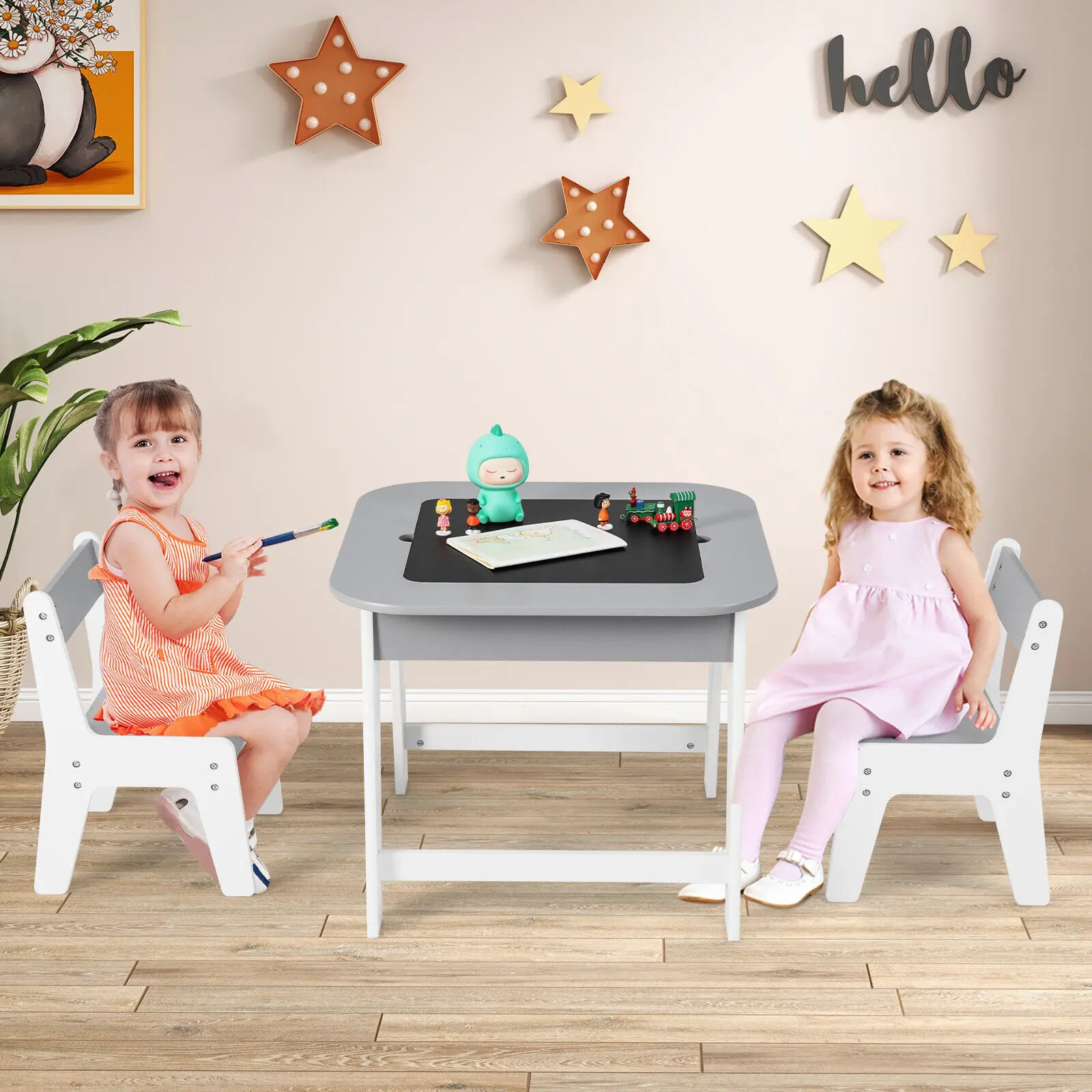 GOFLAME Kids Art Table & Chairs Set Toddler Activity Wooden Play Table Set With Storage