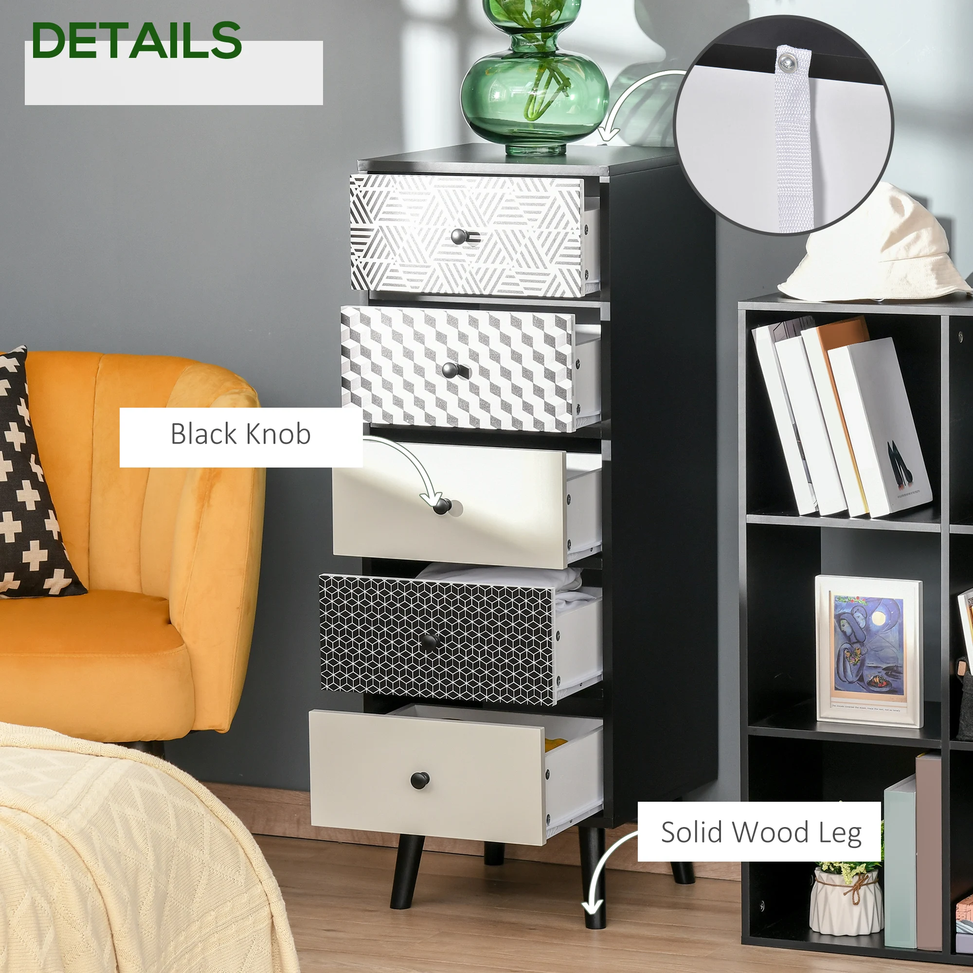 HOMCOM Chest of Drawers, 5 Drawer Storage Organiser Unit Bedroom, Black