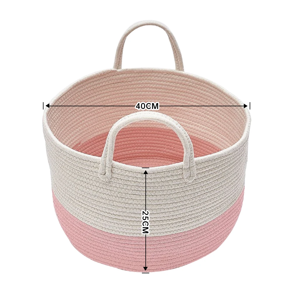Woven Basket Baby Kids Toys Storage Clothes Hamper Laundry Basket with Decor Balls Grey/Pink