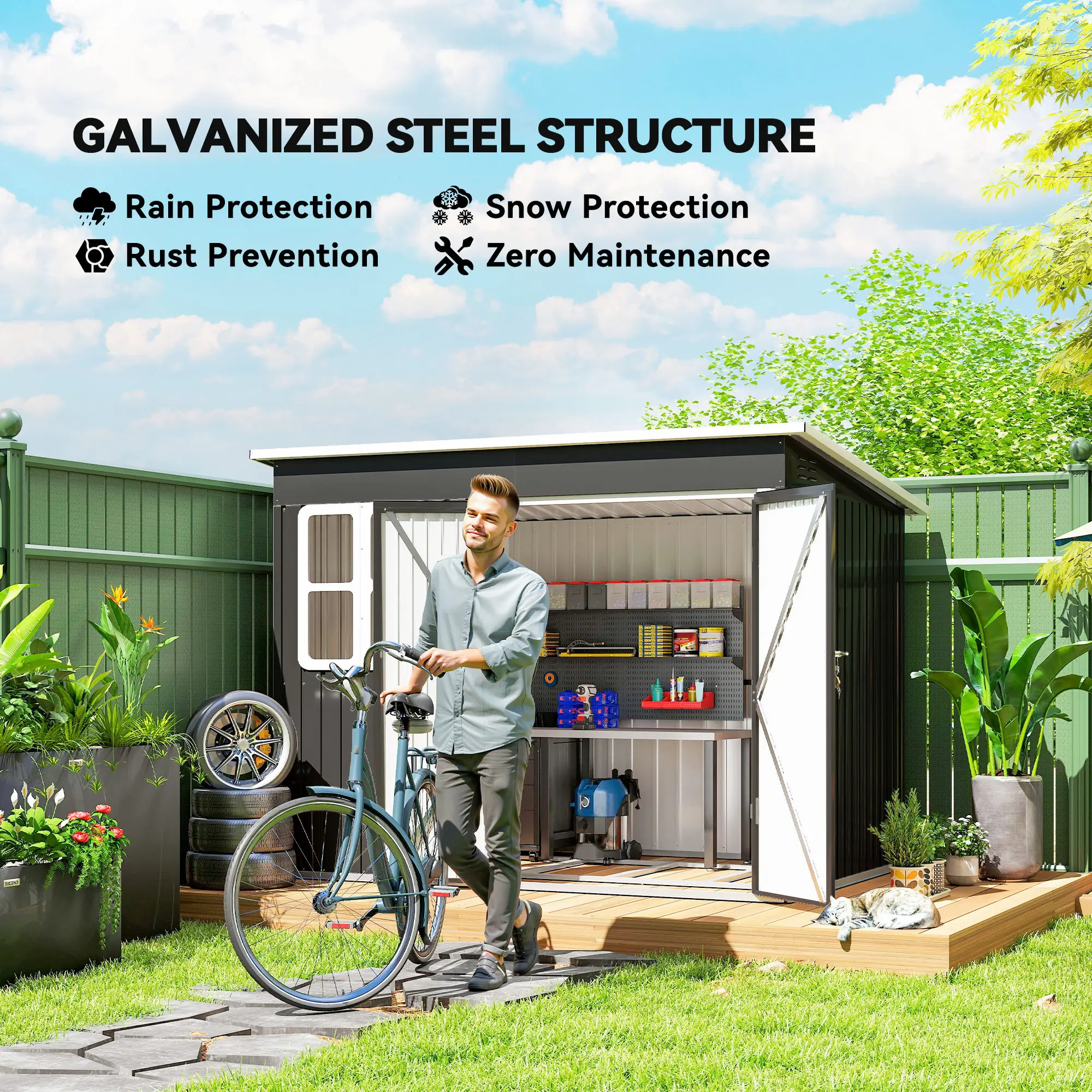 8.5 X 6ft Galvanized Steel Garden Shed Metal Shed with Foundation Kit, Grey
