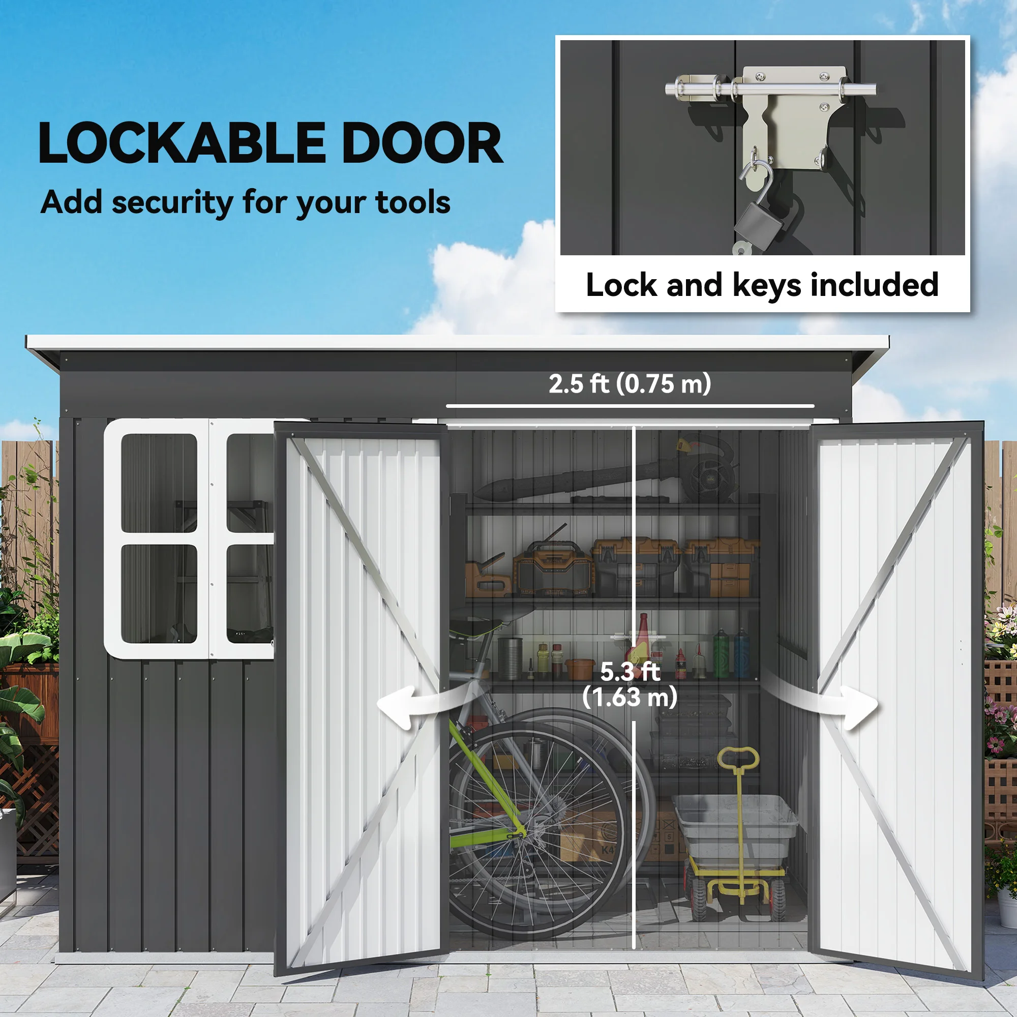 8.5 X 6ft Galvanized Steel Garden Shed Metal Shed with Foundation Kit, Grey
