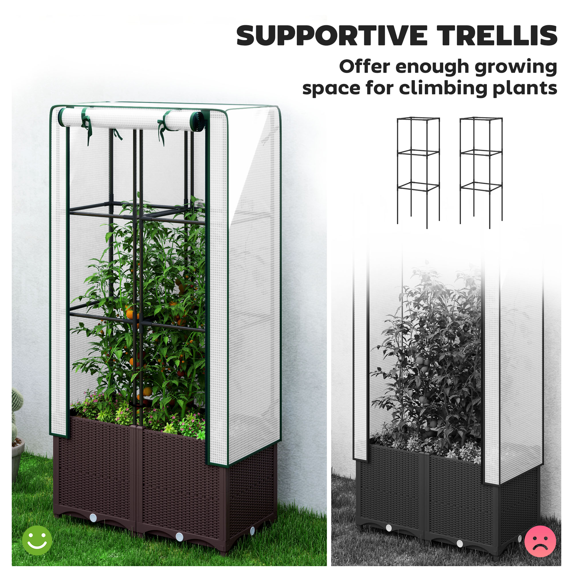 Plastic Raised Garden Planter with Trellis, Drainage Holes, 80 X 40 X 140 cm