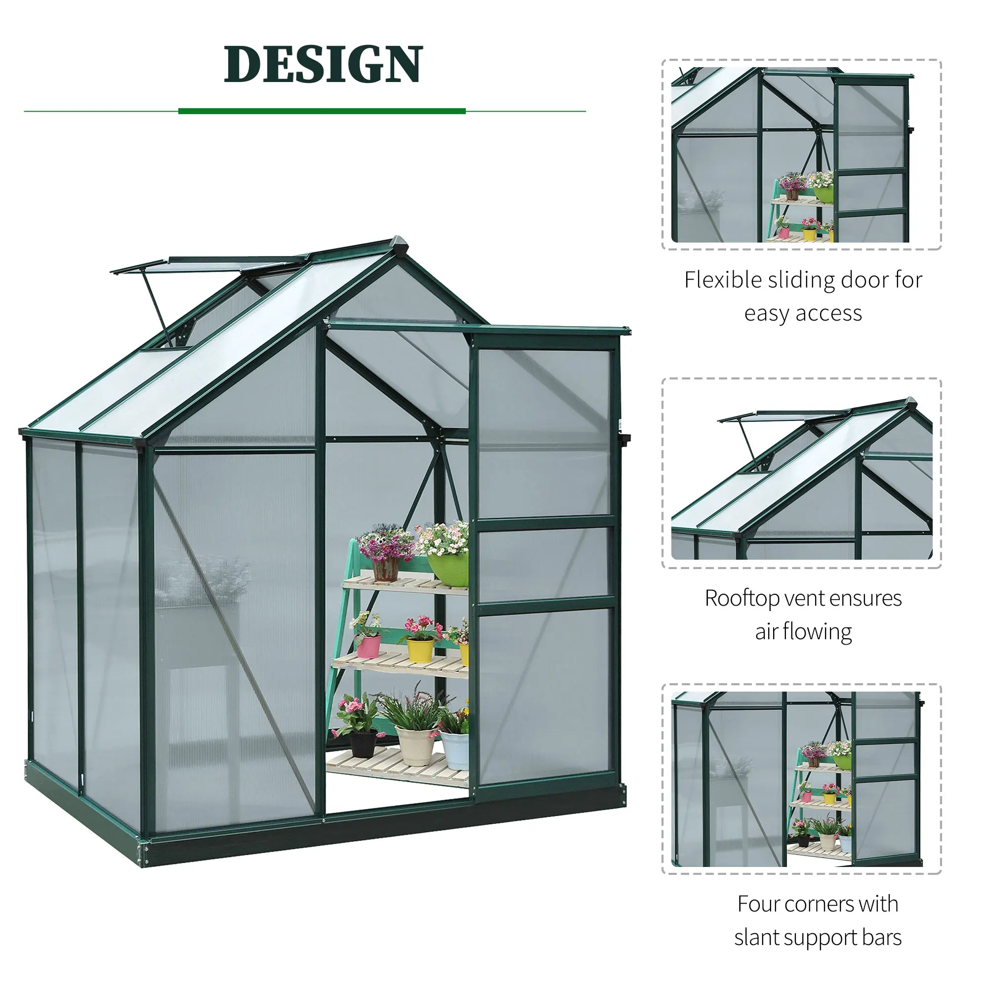 Polycarbonate Walk-In Garden Greenhouse Aluminum Frame Outdoor 190 X 132cm