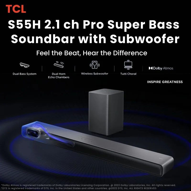 TCL S55H Series 2.1 Dolby Atmos all-in-one super bass soundbar with Subwoofer,S55H
