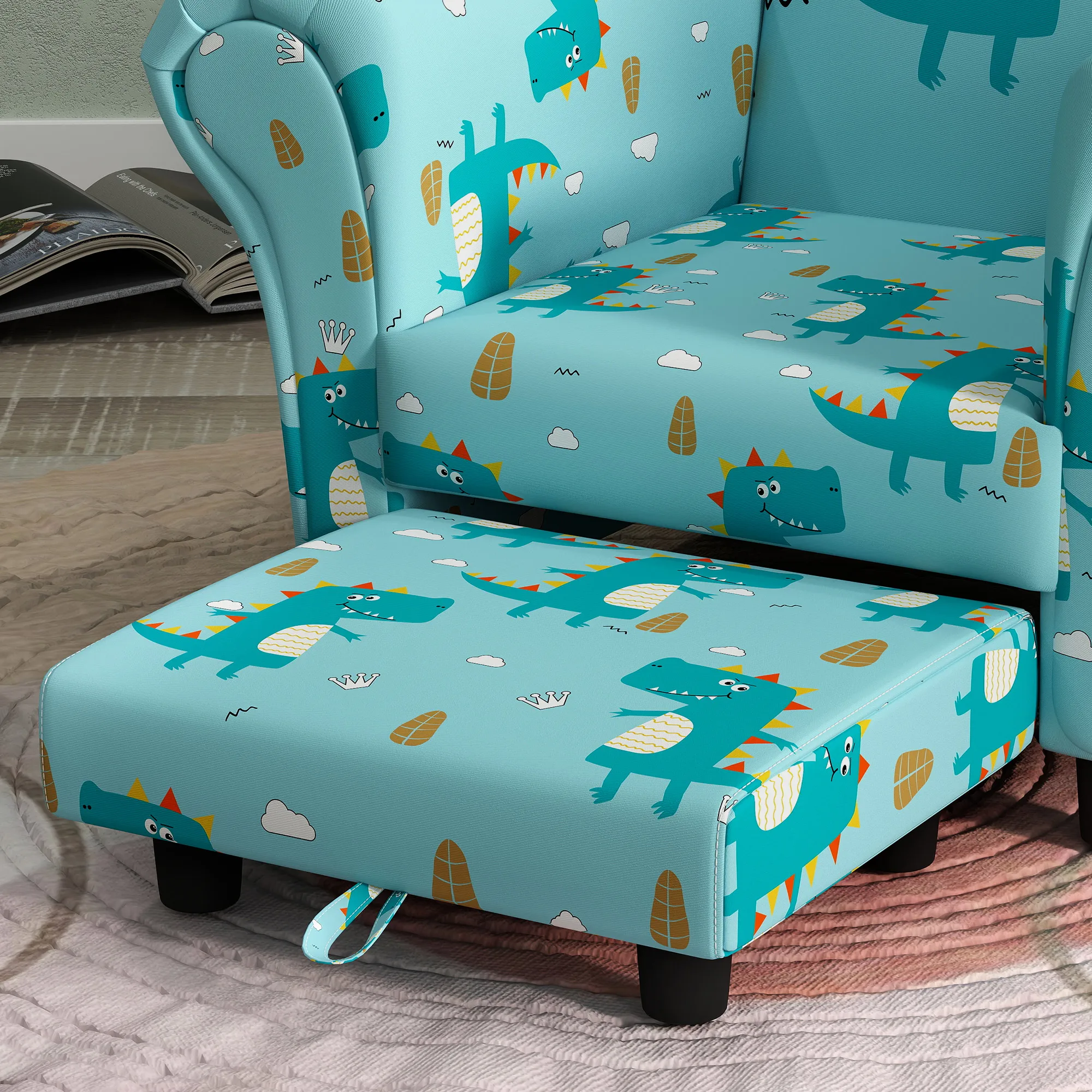 AIYAPLAY Kids Armchair with Stool, 2 Piece Kids Sofa Set with Dinosaur Design, Wooden Frame for 1.5-3 Years Old
