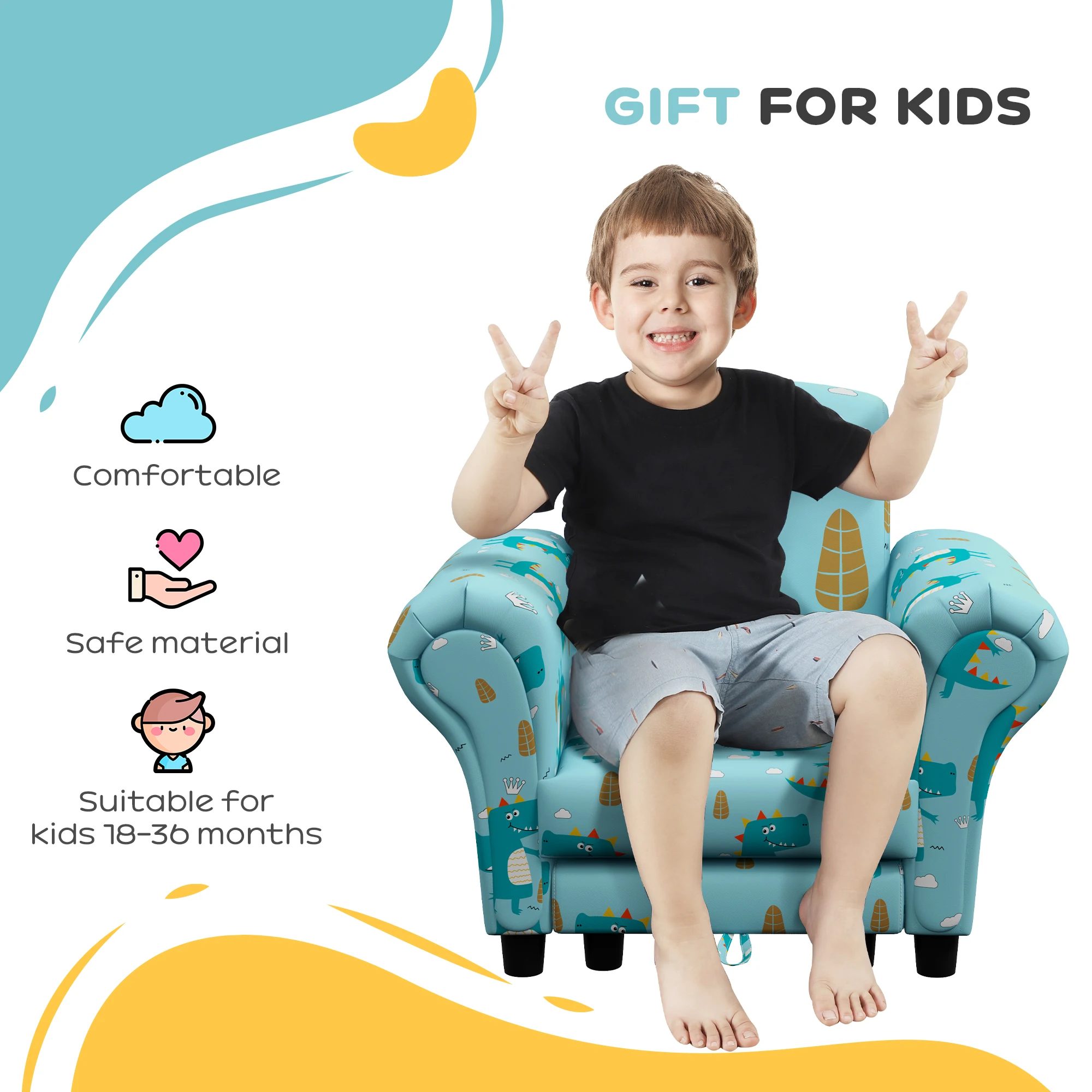 AIYAPLAY Kids Armchair with Stool, 2 Piece Kids Sofa Set with Dinosaur Design, Wooden Frame for 1.5-3 Years Old