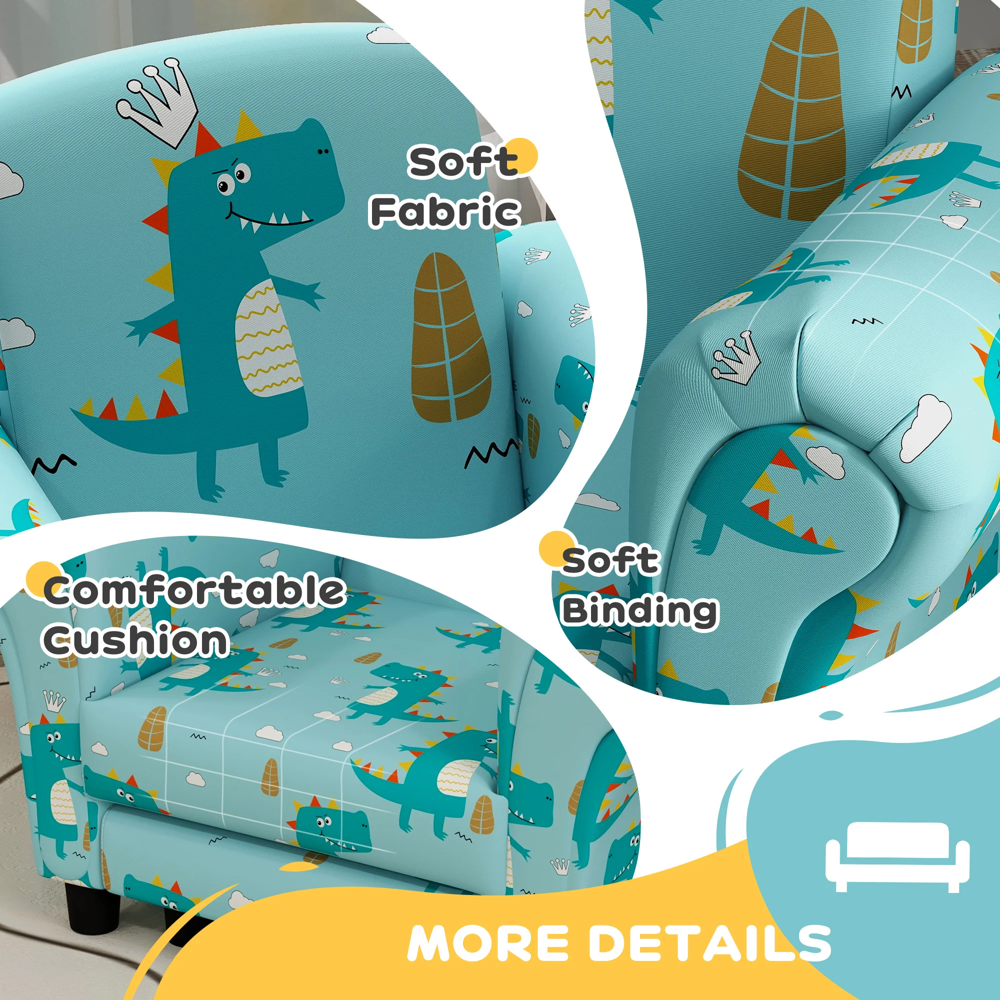 AIYAPLAY Kids Armchair with Stool, 2 Piece Kids Sofa Set with Dinosaur Design, Wooden Frame for 1.5-3 Years Old