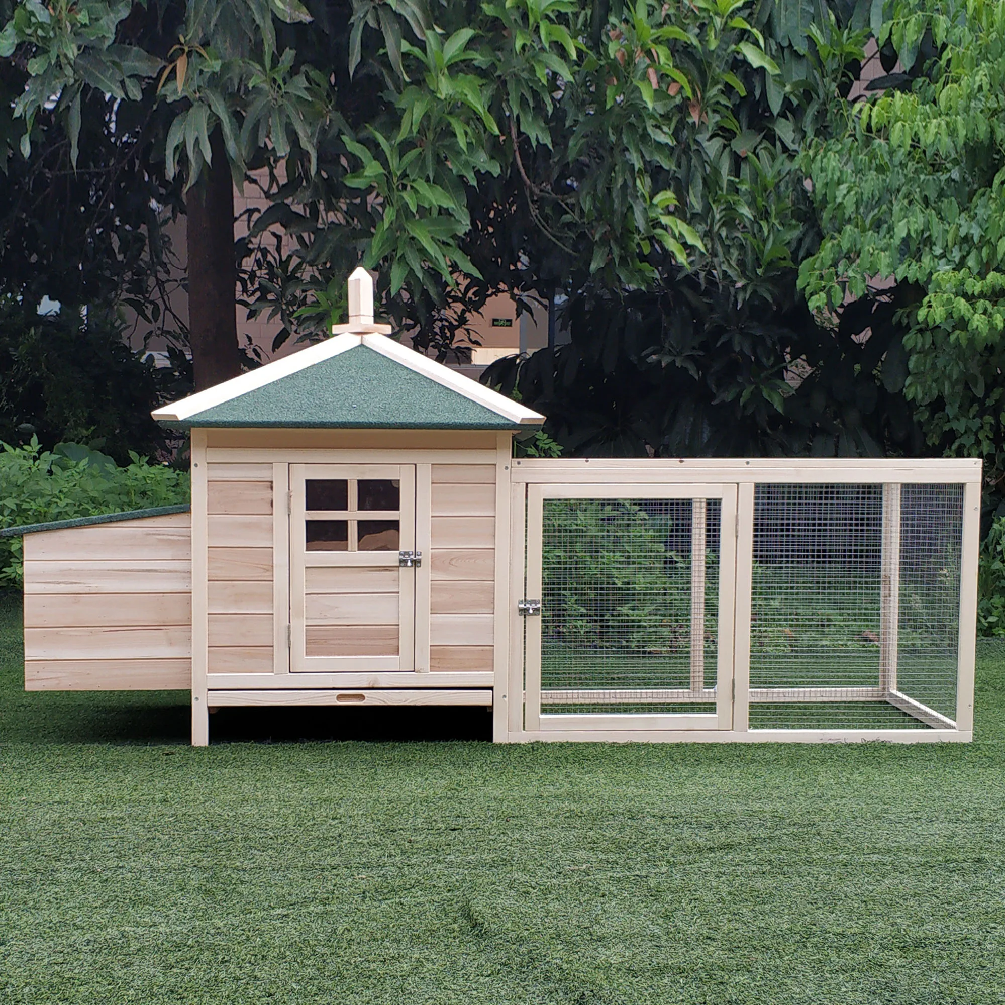 PawHut Chicken Coop with Chicken Run, Outdoor Hen House Poultry Cage with Nesting Box, Openable Top, 196 x 76 x 97cm